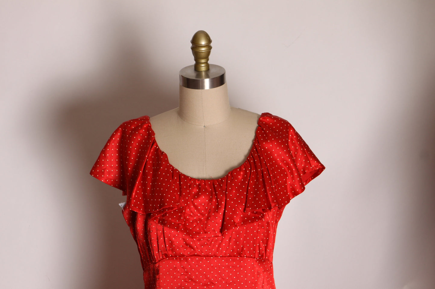 1970s Red and White Polka Dot Ruffle Neckline Floor Length Formal Prairie Dress -M