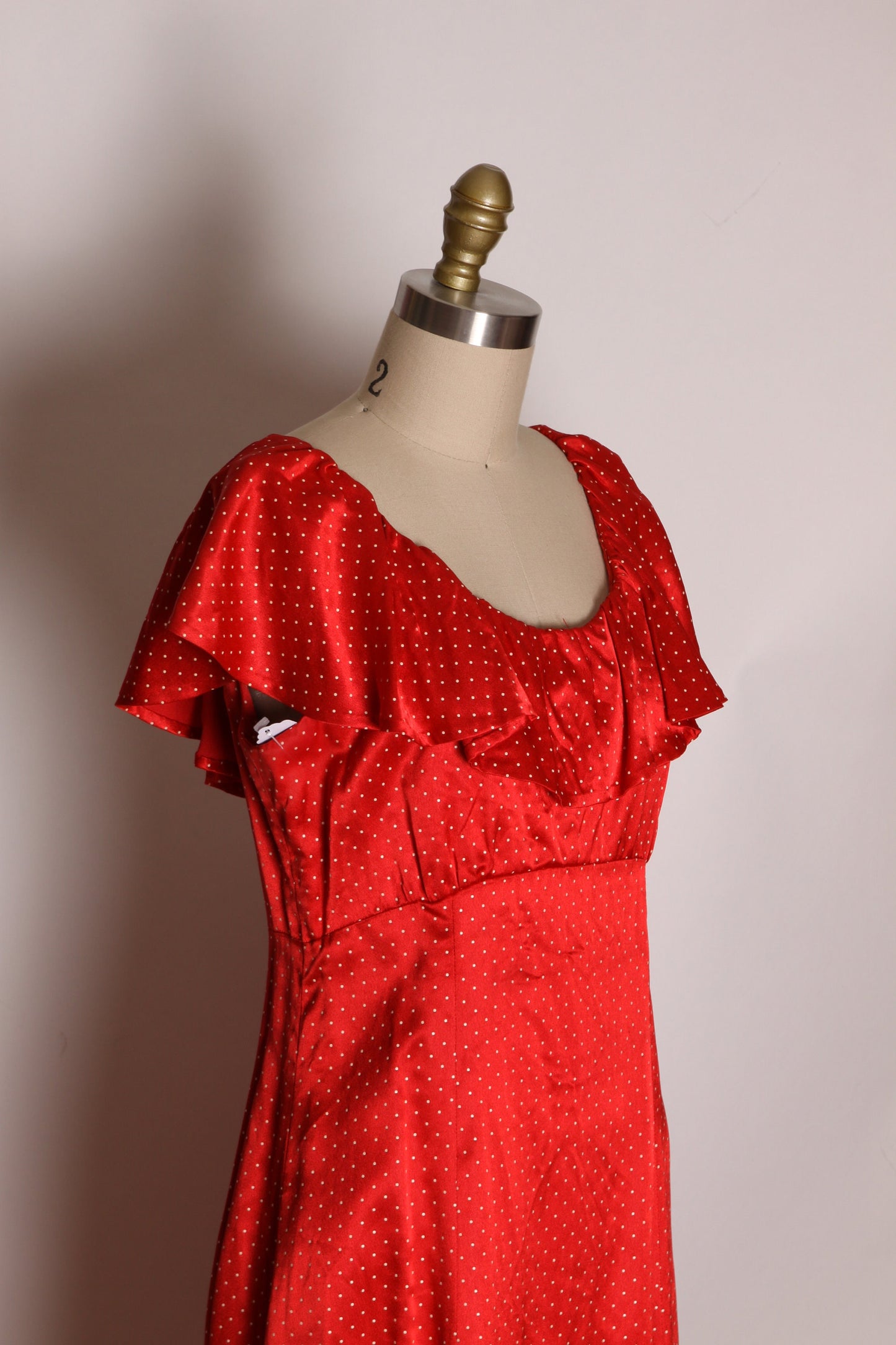 1970s Red and White Polka Dot Ruffle Neckline Floor Length Formal Prairie Dress -M