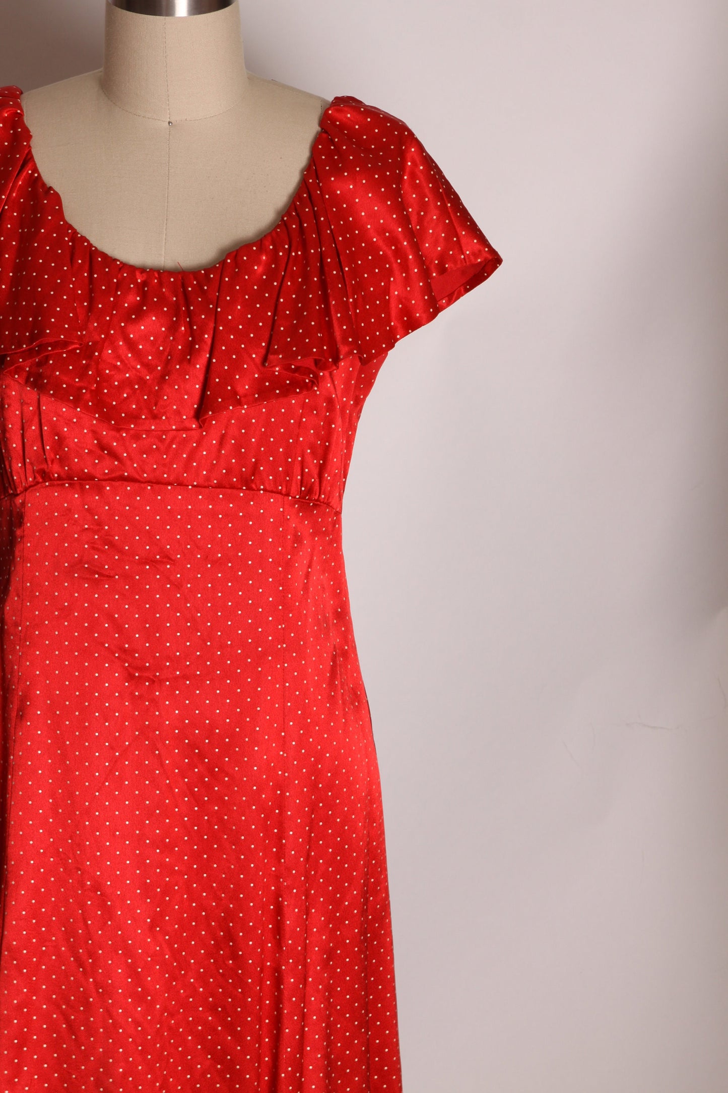 1970s Red and White Polka Dot Ruffle Neckline Floor Length Formal Prairie Dress -M
