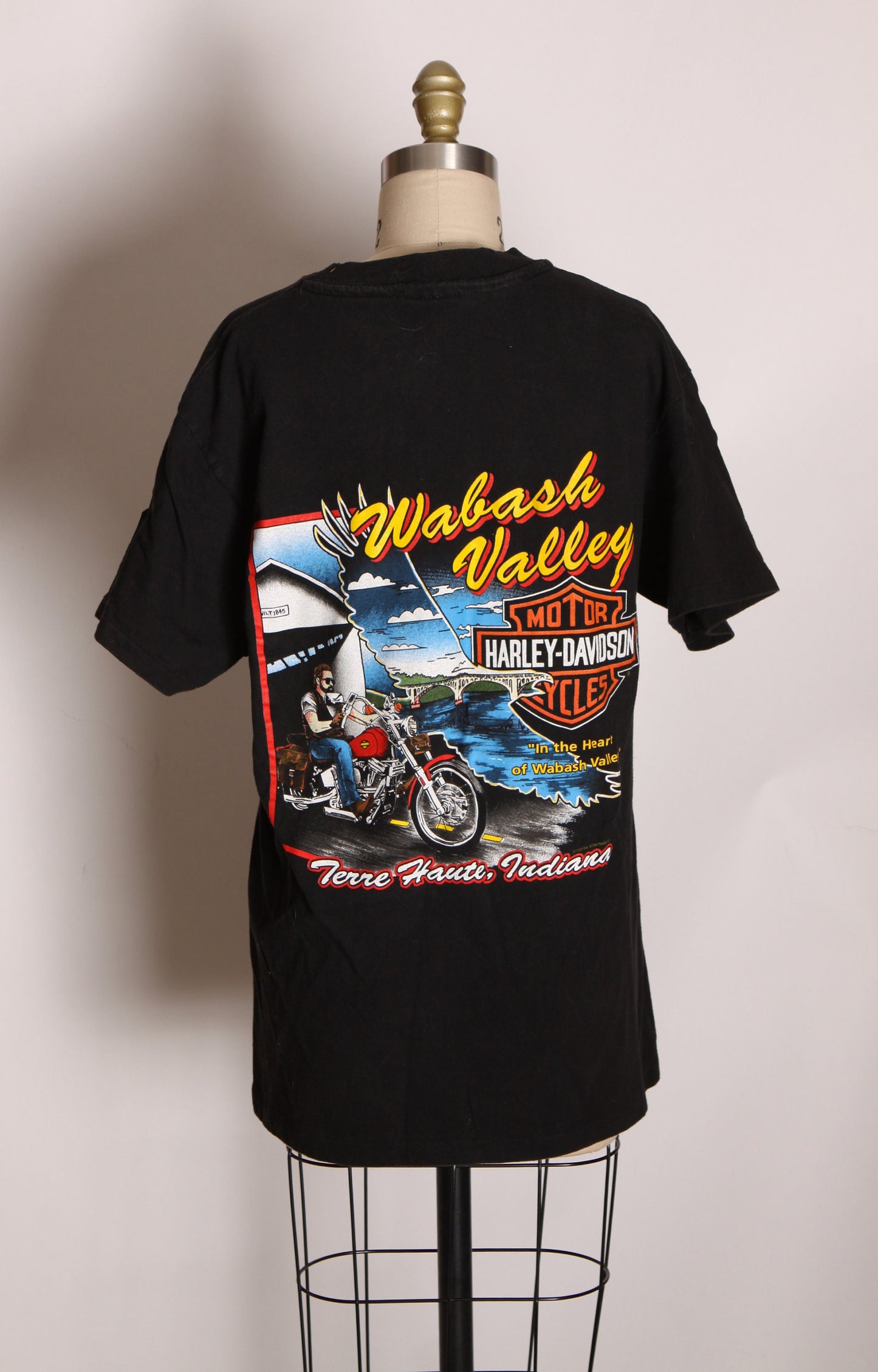 1992 Single Stitch Wabash Valley Terre Haute Indiana Black Short Sleeve American Eagle Harley Davidson Biker T Shirt by Harley Davidson -M