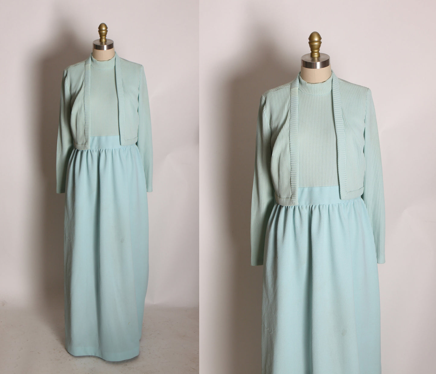 1970s Light Pastel Blue Sleeveless Full Length Dress with Matching Jacket -M