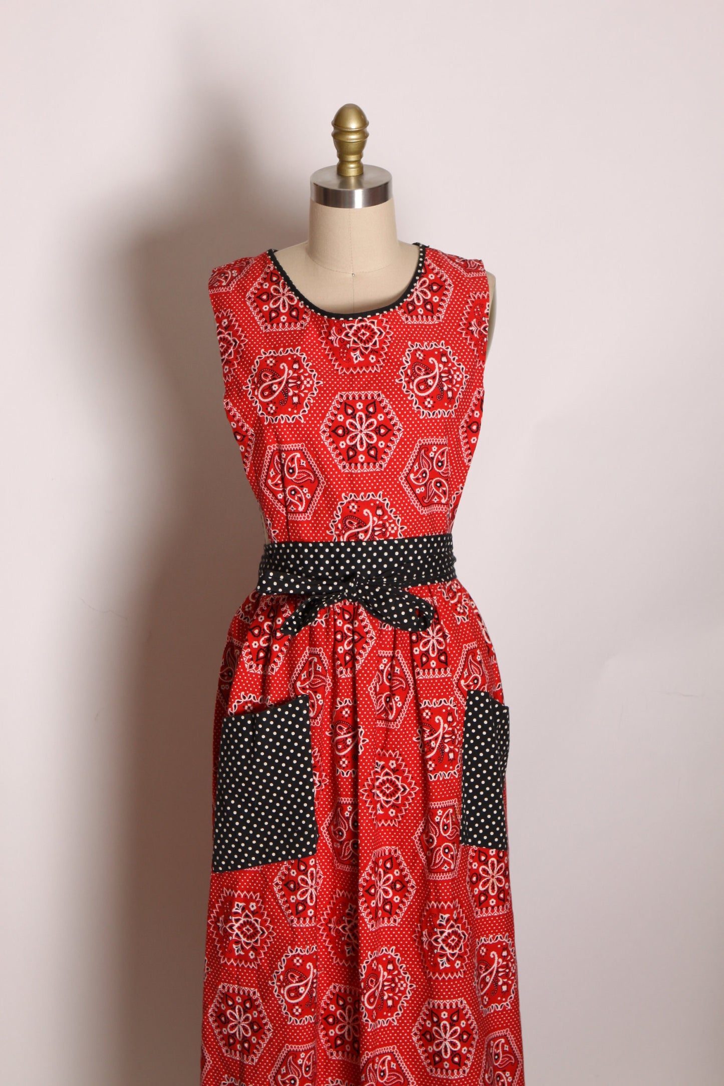 1960s Red and Navy Blue Bandana Sleeveless Pinafore Wrap Dress by Design House -S