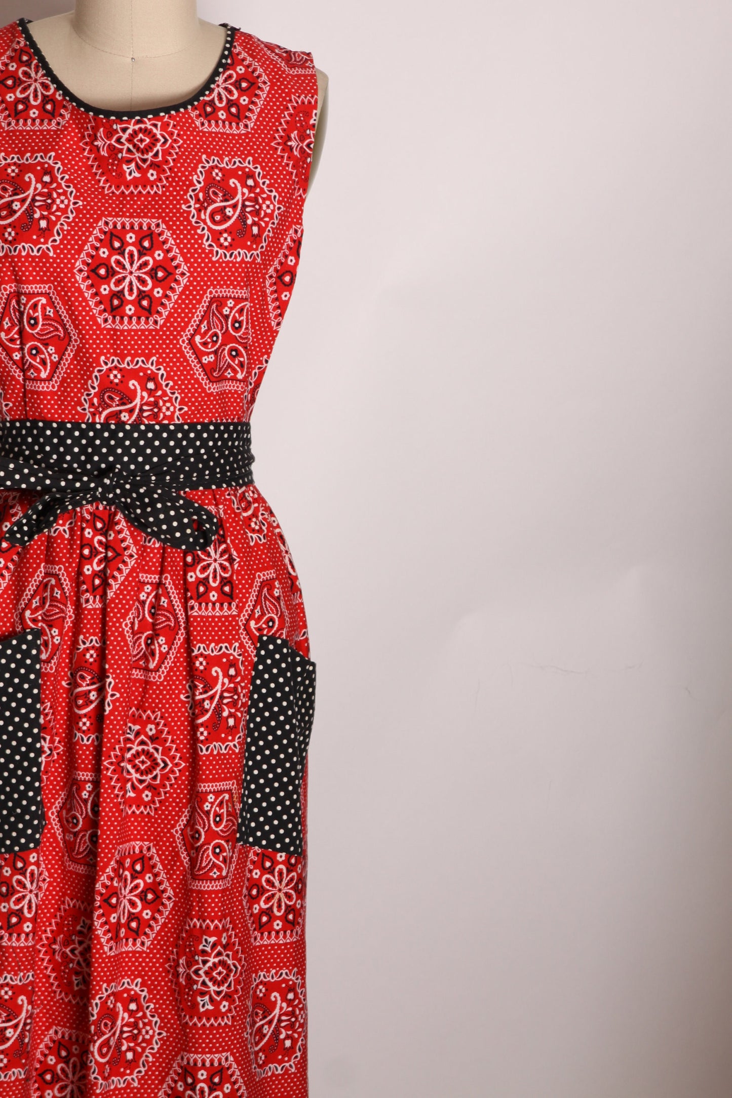 1960s Red and Navy Blue Bandana Sleeveless Pinafore Wrap Dress by Design House -S
