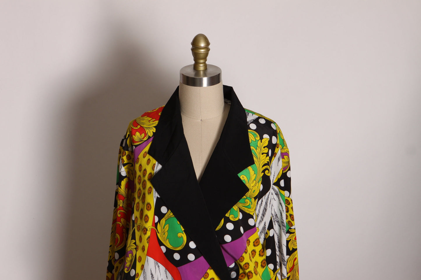 1980s Black, Yellow and Green Multi-Colored Long Sleeve Deep V Button Down Abstract Geometric Blouse by Caron -L