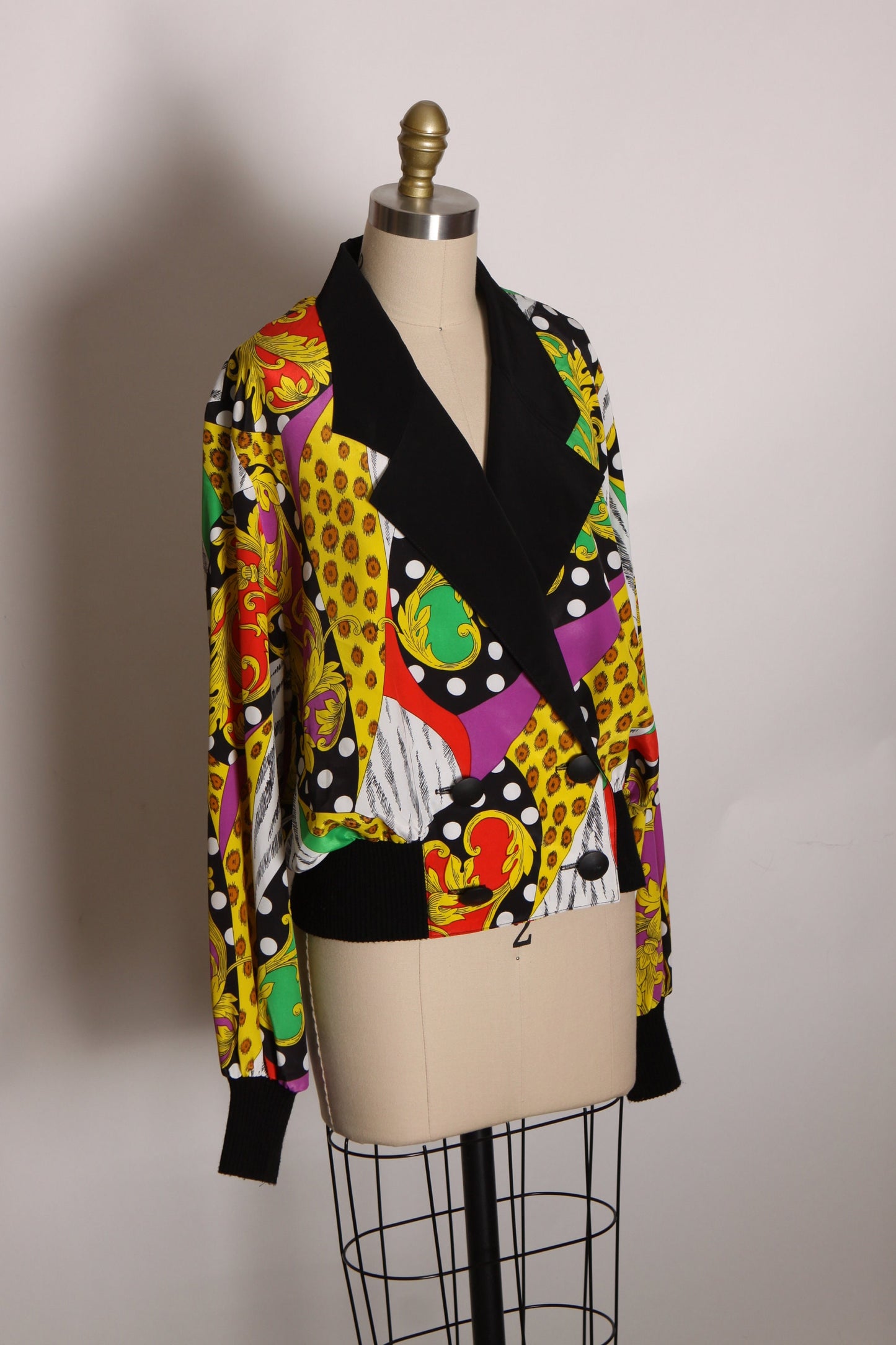 1980s Black, Yellow and Green Multi-Colored Long Sleeve Deep V Button Down Abstract Geometric Blouse by Caron -L