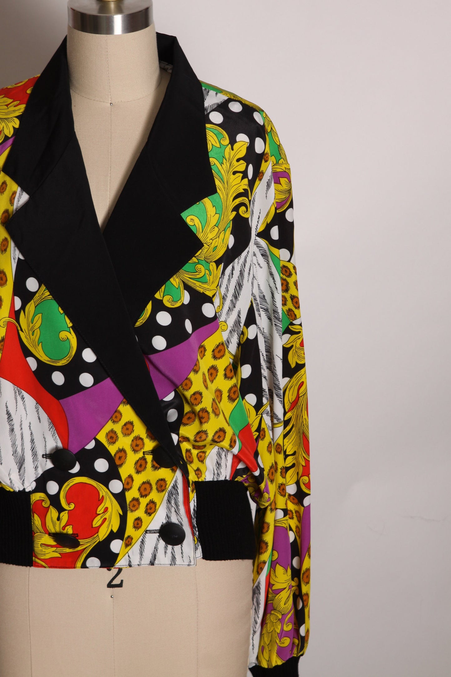 1980s Black, Yellow and Green Multi-Colored Long Sleeve Deep V Button Down Abstract Geometric Blouse by Caron -L