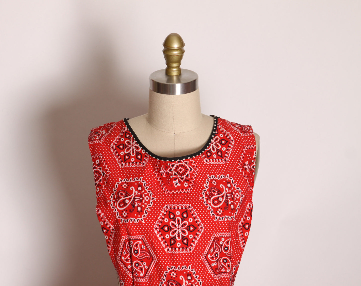 1960s Red and Navy Blue Bandana Sleeveless Pinafore Wrap Dress by Design House -S