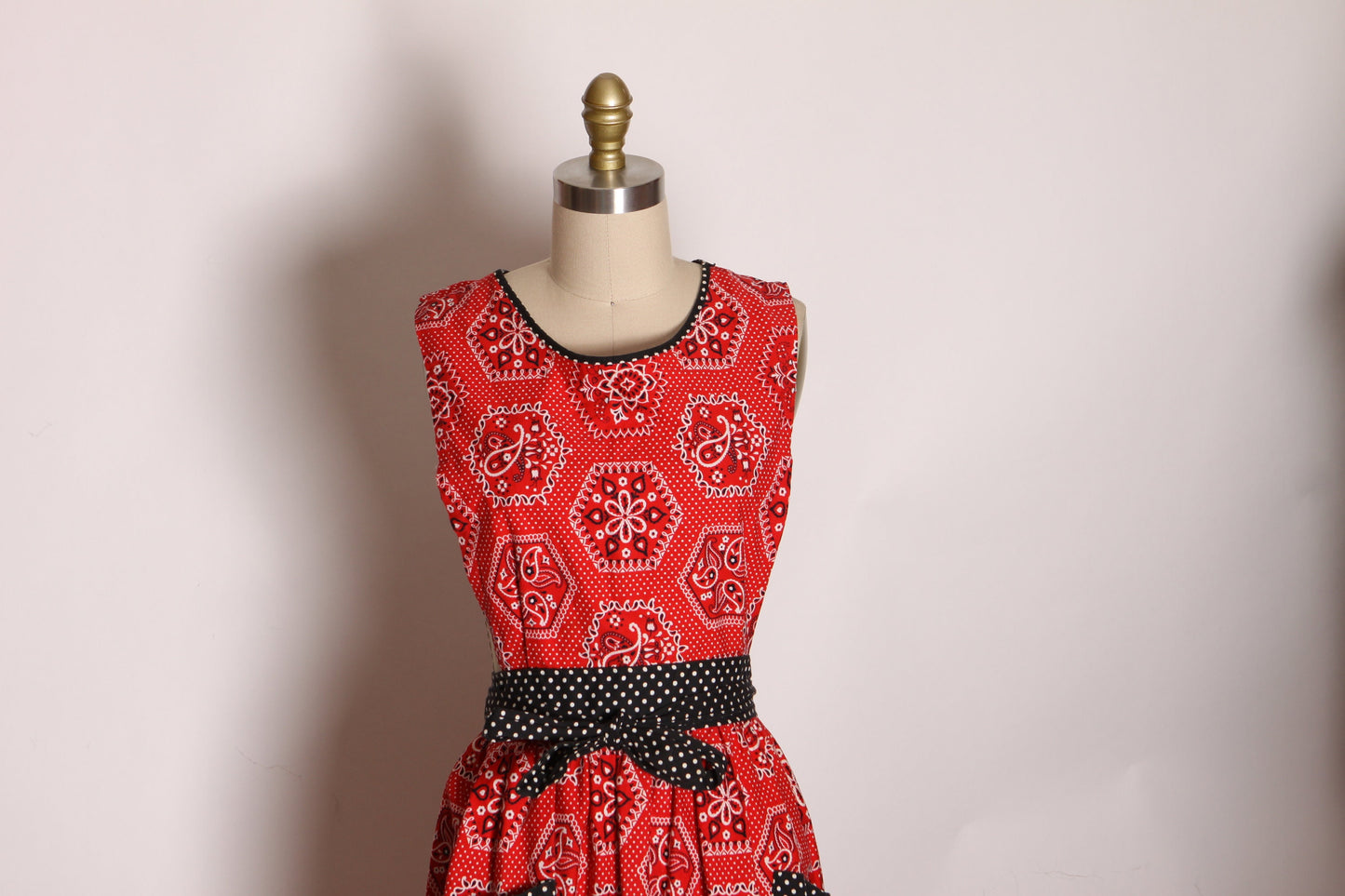 1960s Red and Navy Blue Bandana Sleeveless Pinafore Wrap Dress by Design House -S