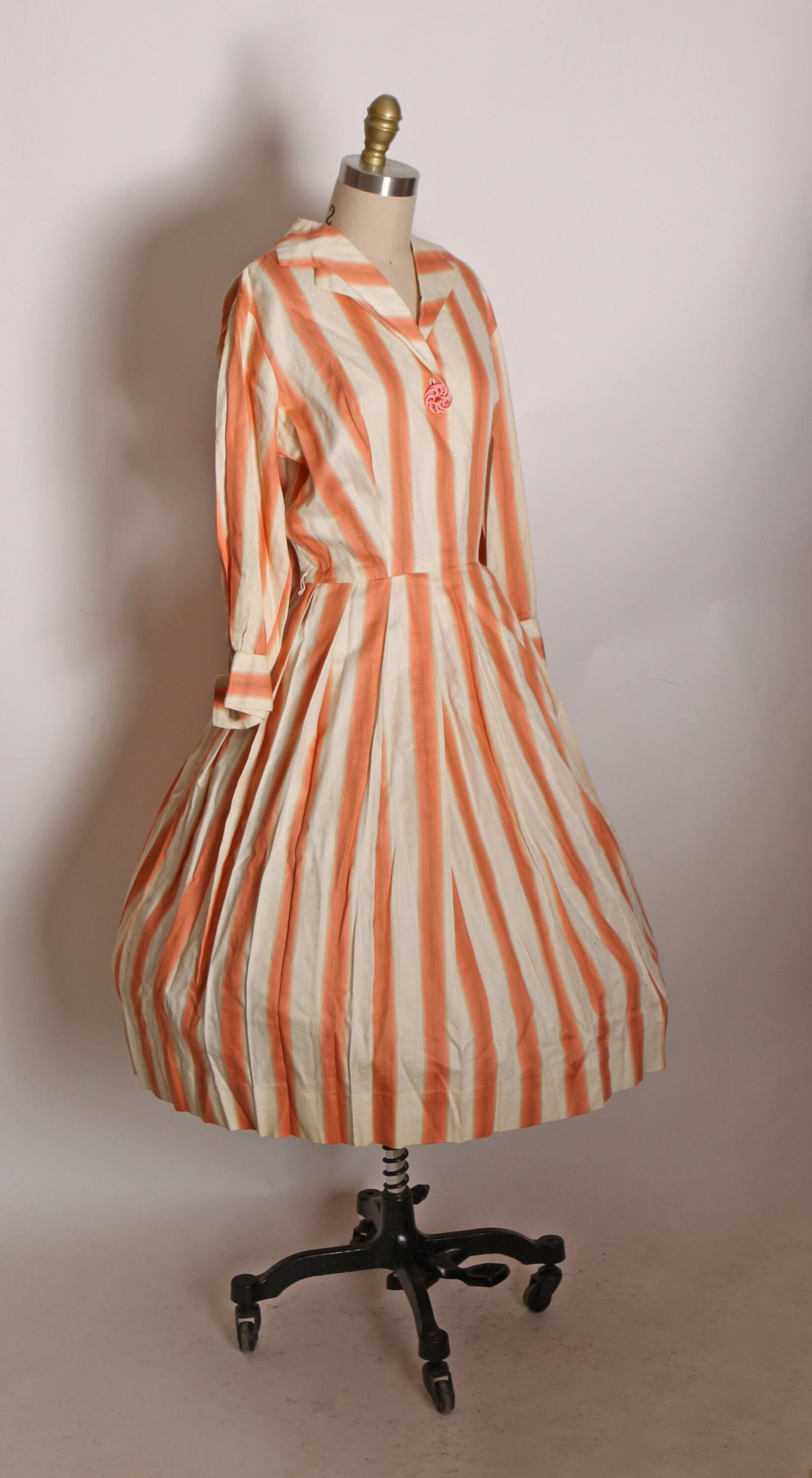 1950s Peach Pink, Tan and Crea 3/4 Length Sleeve Fit and Flare Dress by Julie Miller
