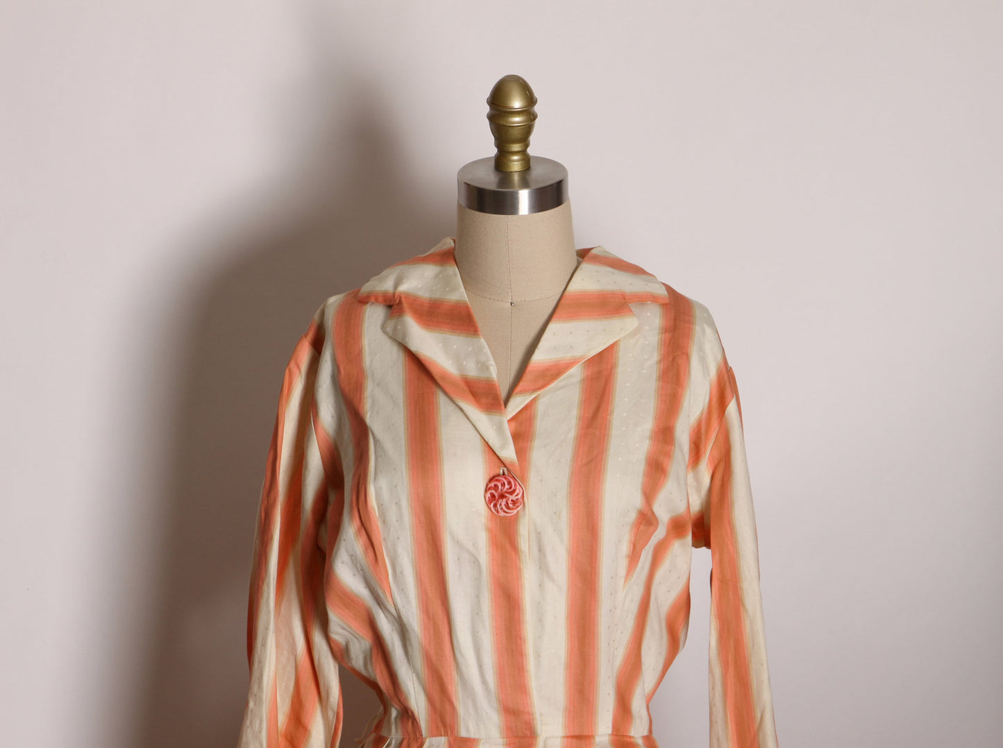 1950s Peach Pink, Tan and Crea 3/4 Length Sleeve Fit and Flare Dress by Julie Miller