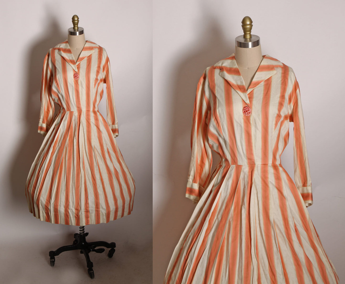 1950s Peach Pink, Tan and Crea 3/4 Length Sleeve Fit and Flare Dress by Julie Miller