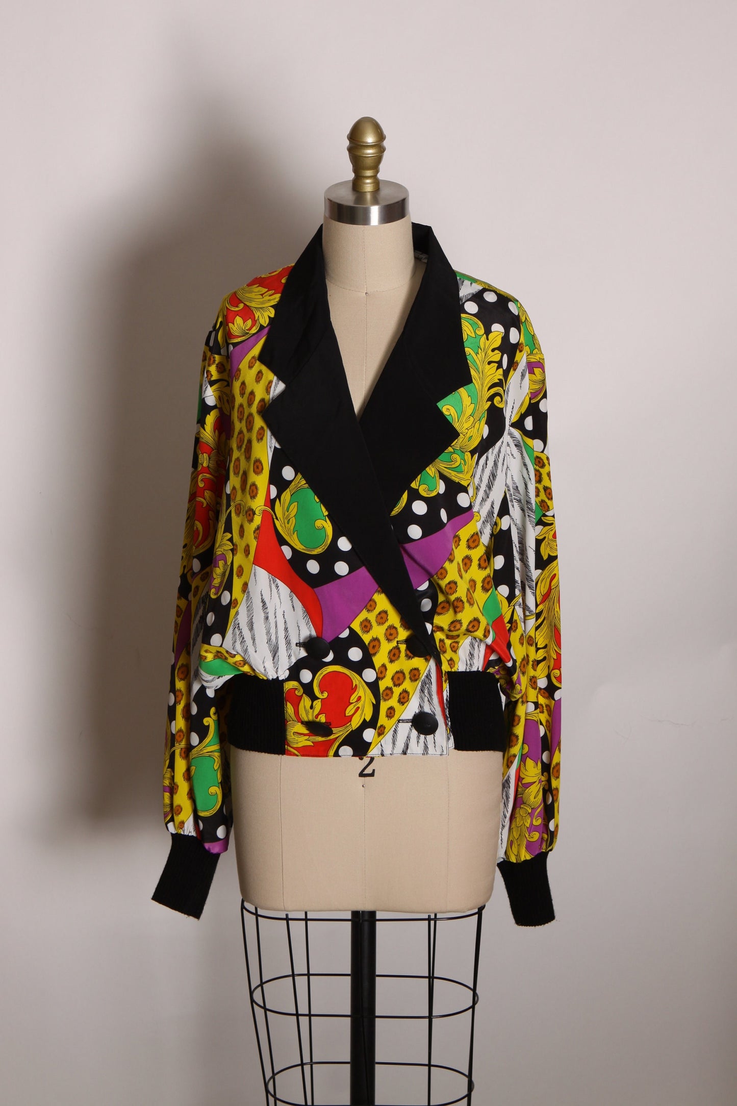 1980s Black, Yellow and Green Multi-Colored Long Sleeve Deep V Button Down Abstract Geometric Blouse by Caron -L