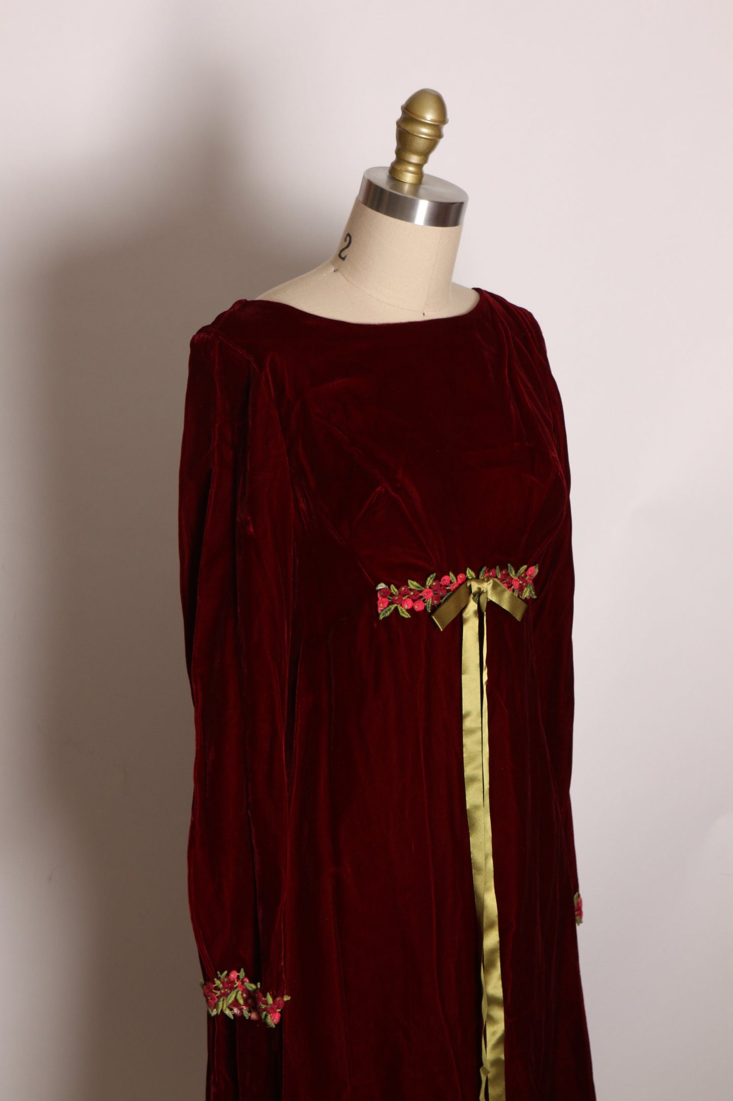 1960s Burgundy Deep Red Velvet Long Sleeve Floral Trim Cuff Empire Waist Bow Detail Mini Dress -S