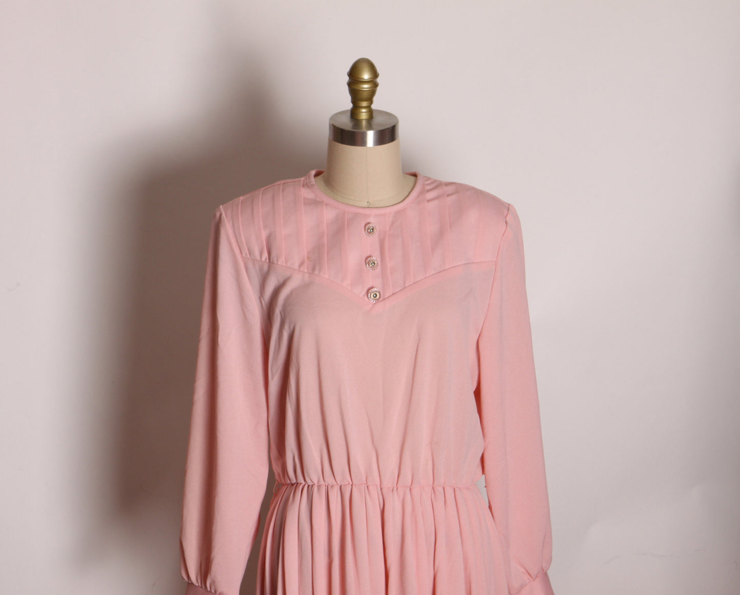 Deadstock 1970s 1980s Pink Clear Button Long Sleeve Dress by Blair -M-L