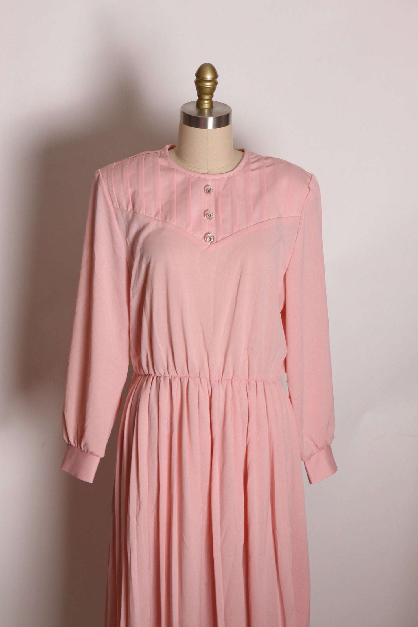 Deadstock 1970s 1980s Pink Clear Button Long Sleeve Dress by Blair -M-L