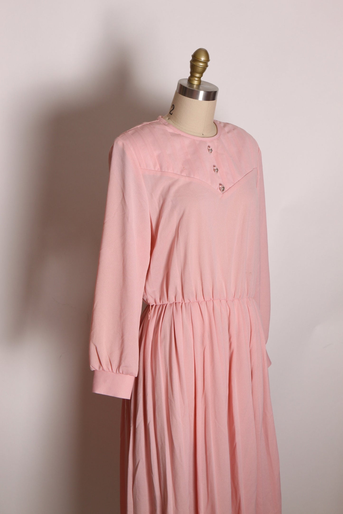 Deadstock 1970s 1980s Pink Clear Button Long Sleeve Dress by Blair -M-L