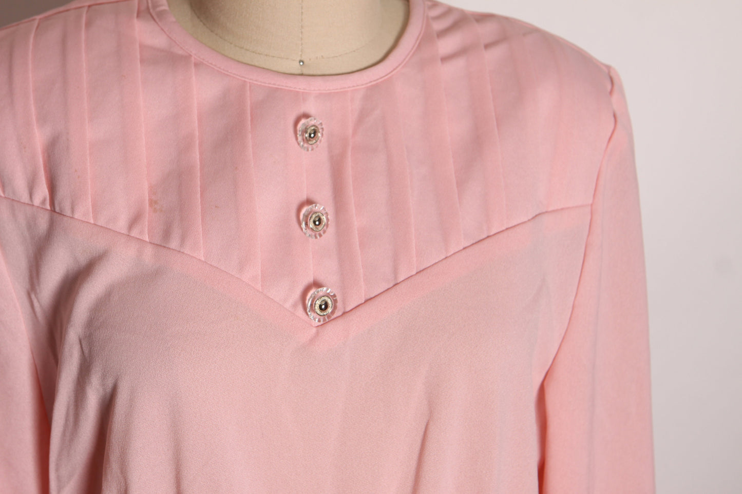 Deadstock 1970s 1980s Pink Clear Button Long Sleeve Dress by Blair -M-L