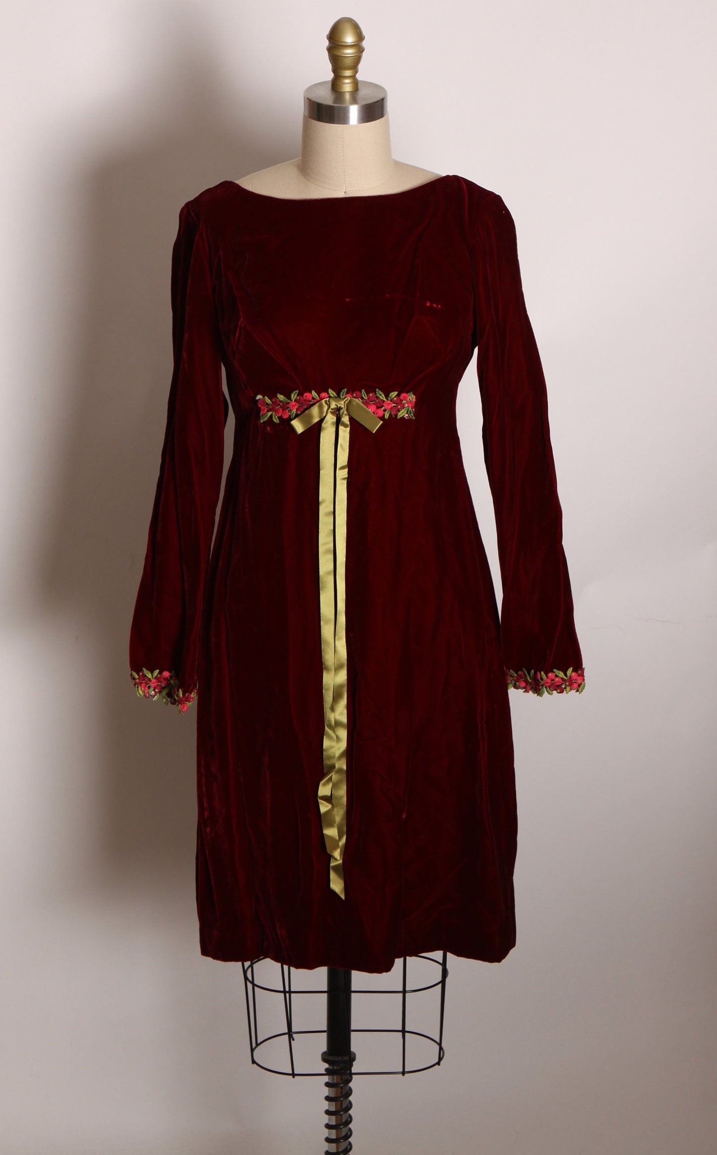 1960s Burgundy Deep Red Velvet Long Sleeve Floral Trim Cuff Empire Waist Bow Detail Mini Dress -S