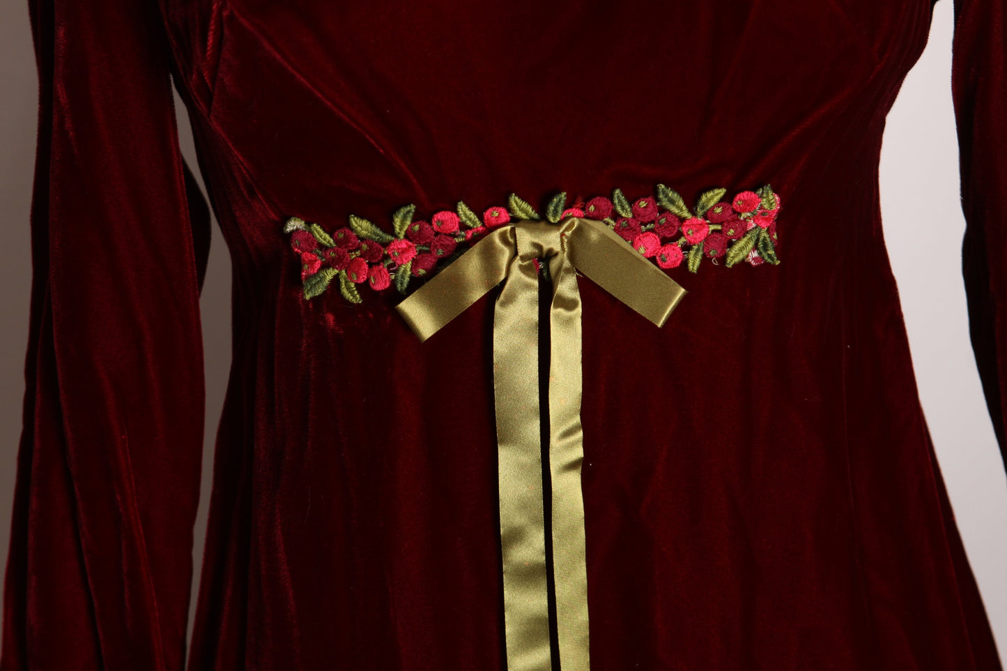 1960s Burgundy Deep Red Velvet Long Sleeve Floral Trim Cuff Empire Waist Bow Detail Mini Dress -S