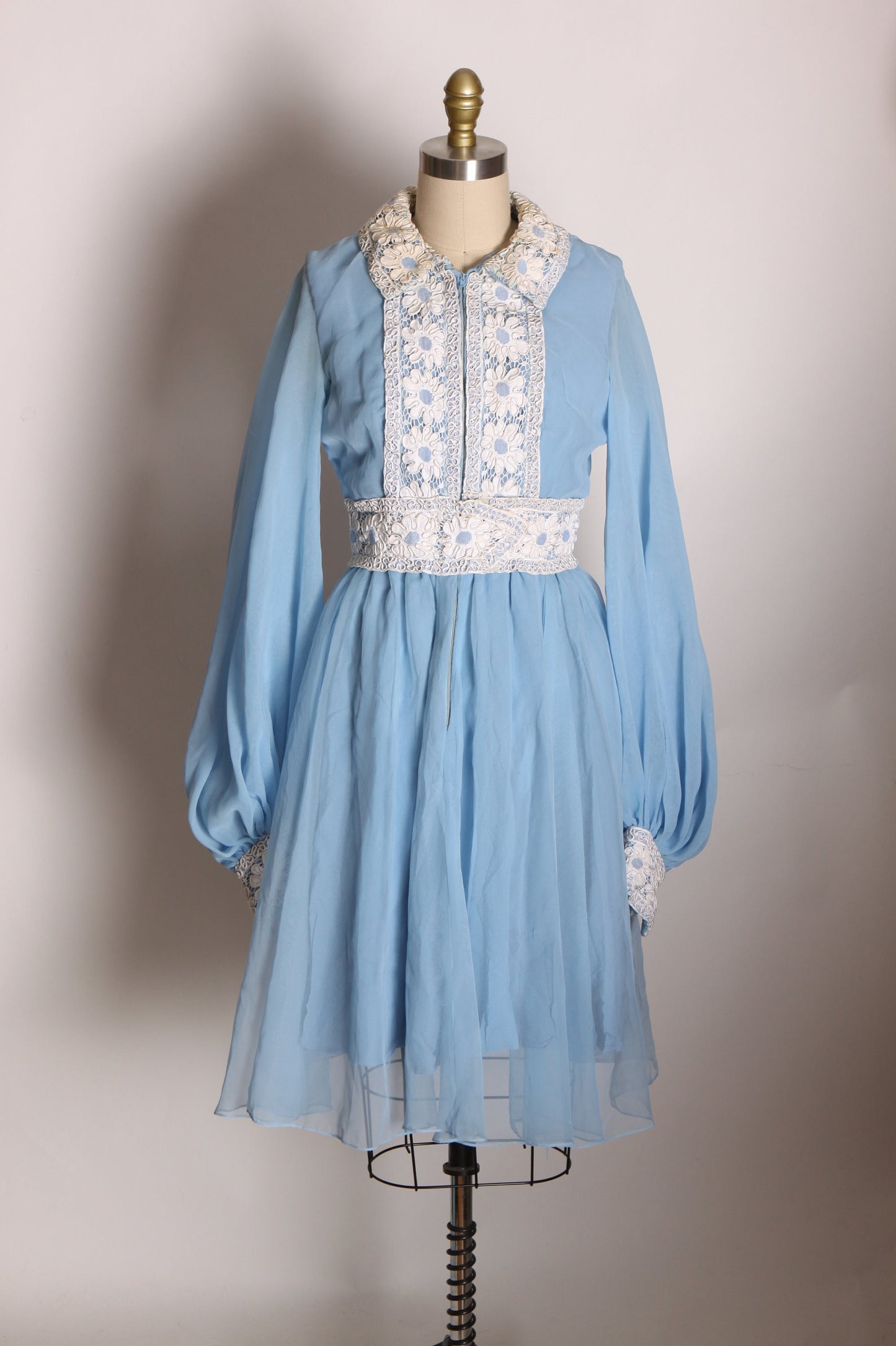 Late 1960s Early 1970s Light Blue and White Floral Lace Puffy Long Sleeve Mini Dress -S
