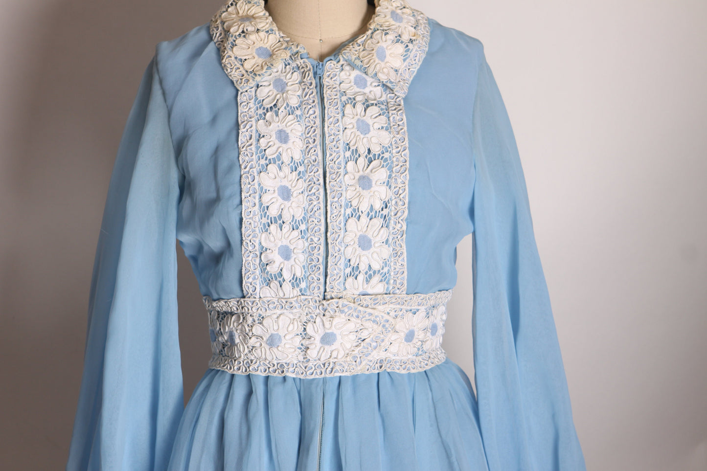 Late 1960s Early 1970s Light Blue and White Floral Lace Puffy Long Sleeve Mini Dress -S