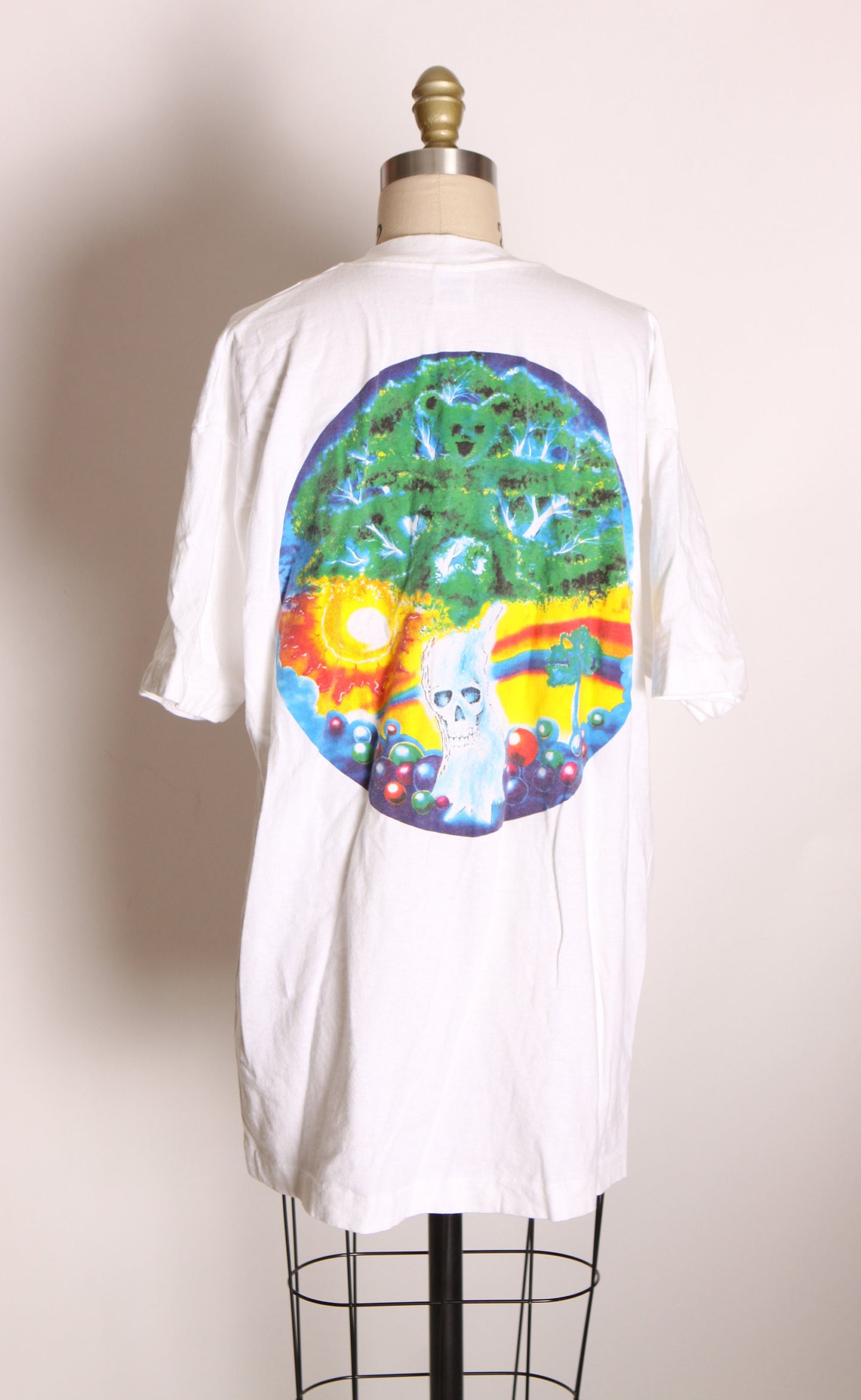 1990s White Single Stitch Grateful Dead Bear Skull Tree Short Sleeve Graphic Band Tee T Shirt by Fruit of the Loom -L