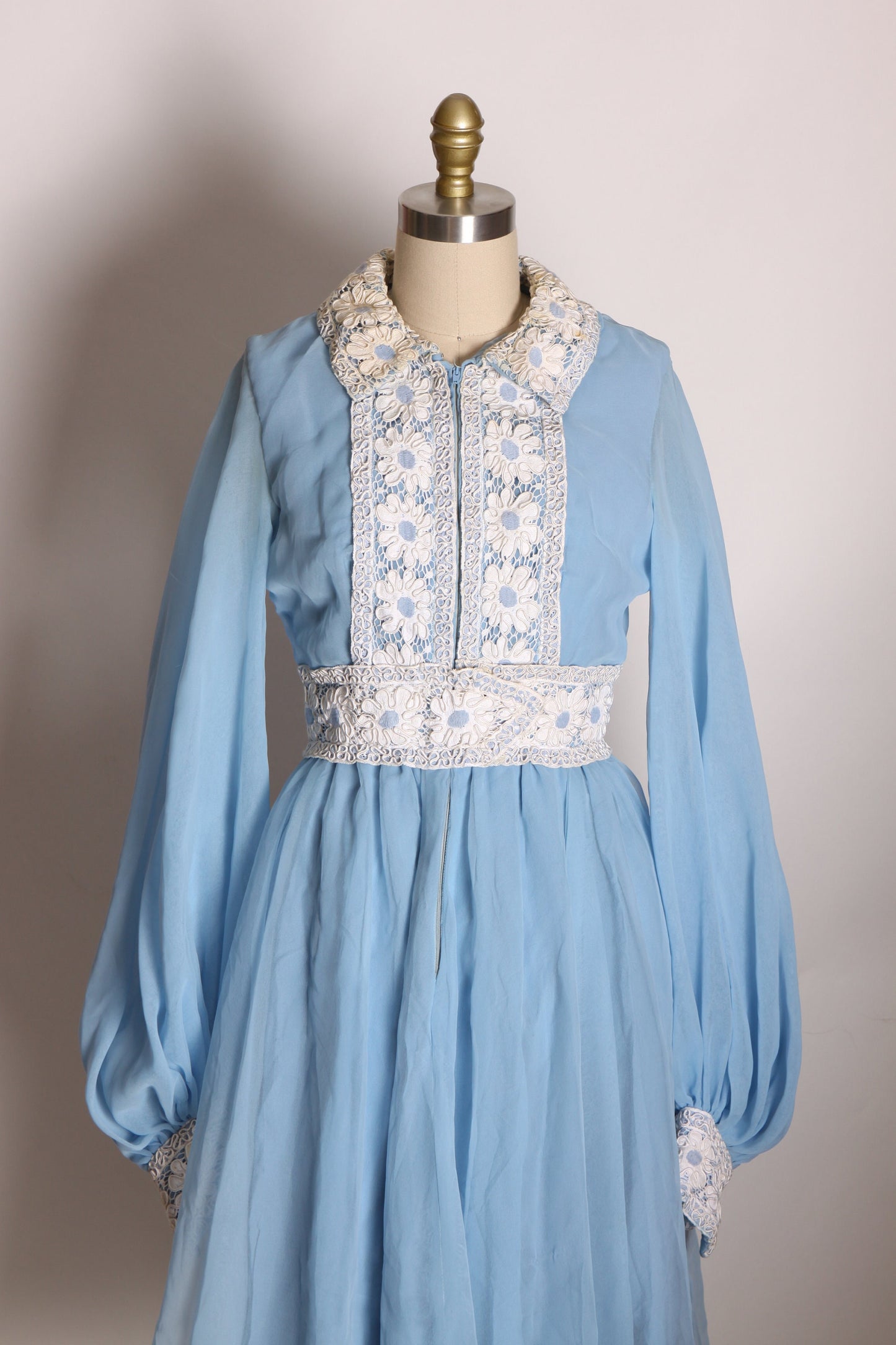 Late 1960s Early 1970s Light Blue and White Floral Lace Puffy Long Sleeve Mini Dress -S