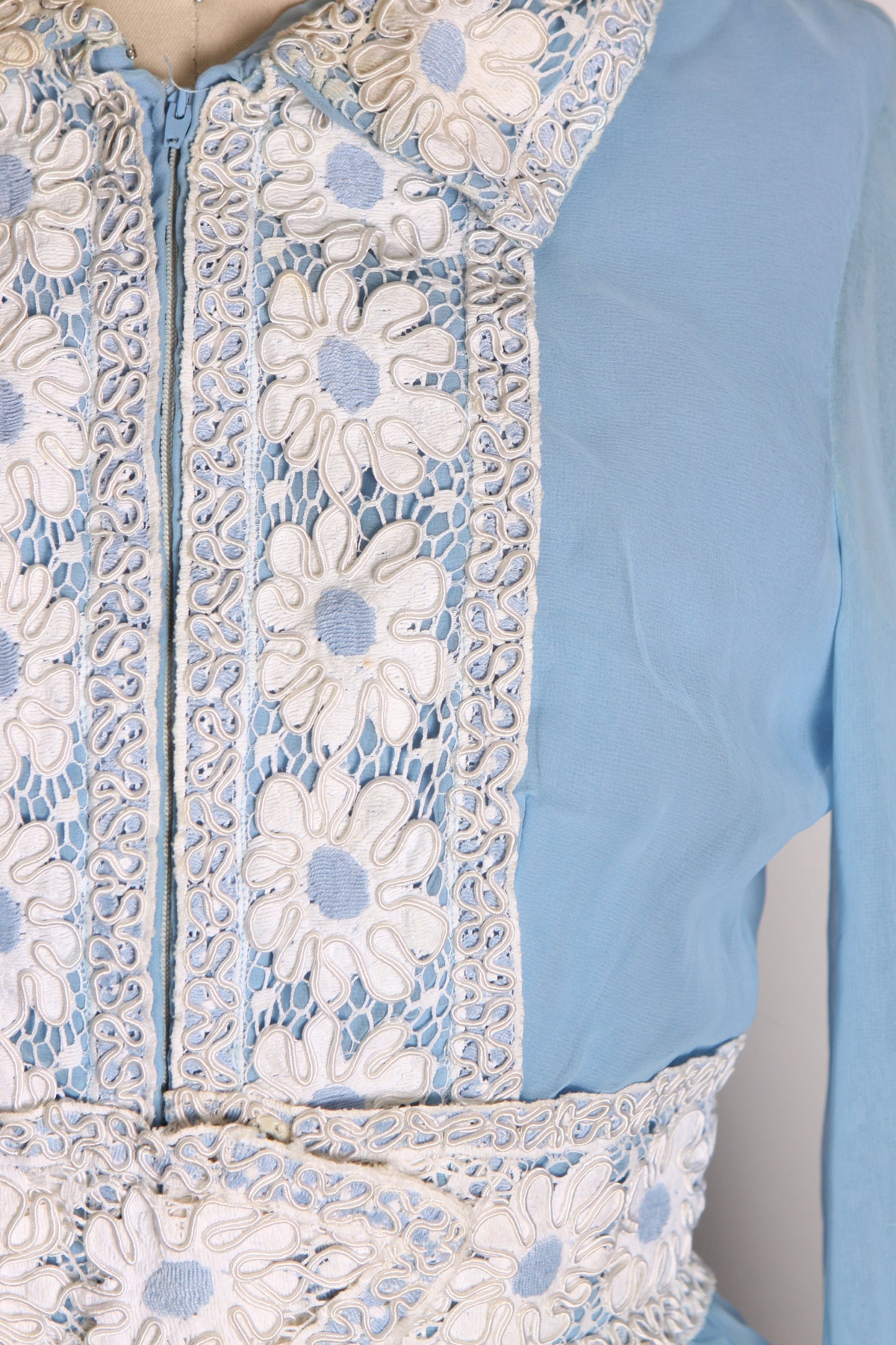 Late 1960s Early 1970s Light Blue and White Floral Lace Puffy Long Sleeve Mini Dress -S