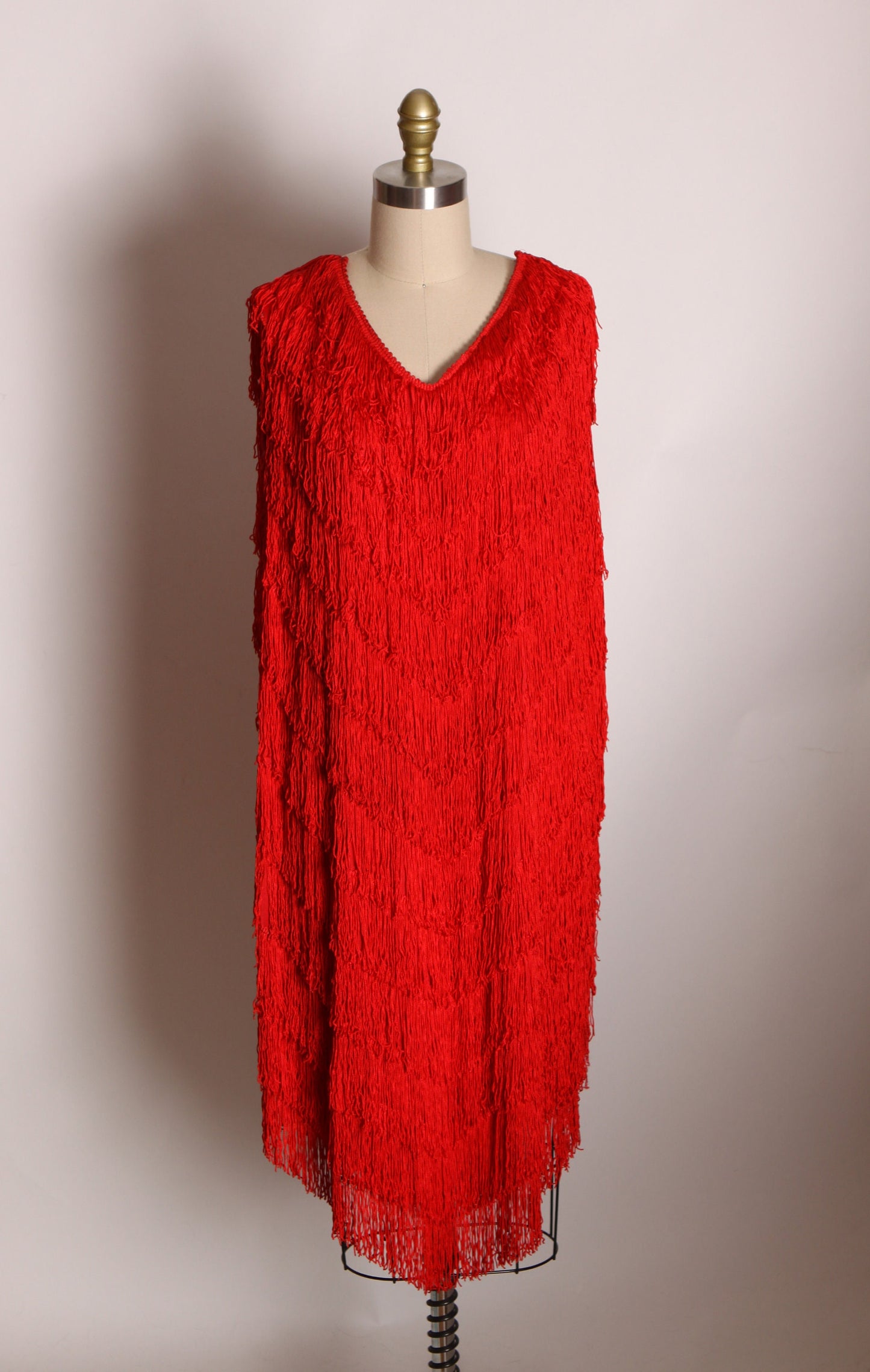 1980s Red Fringe Sleeveless Sheath Flapper Style Shimmy and Shake Dress by Nightworks -2XL