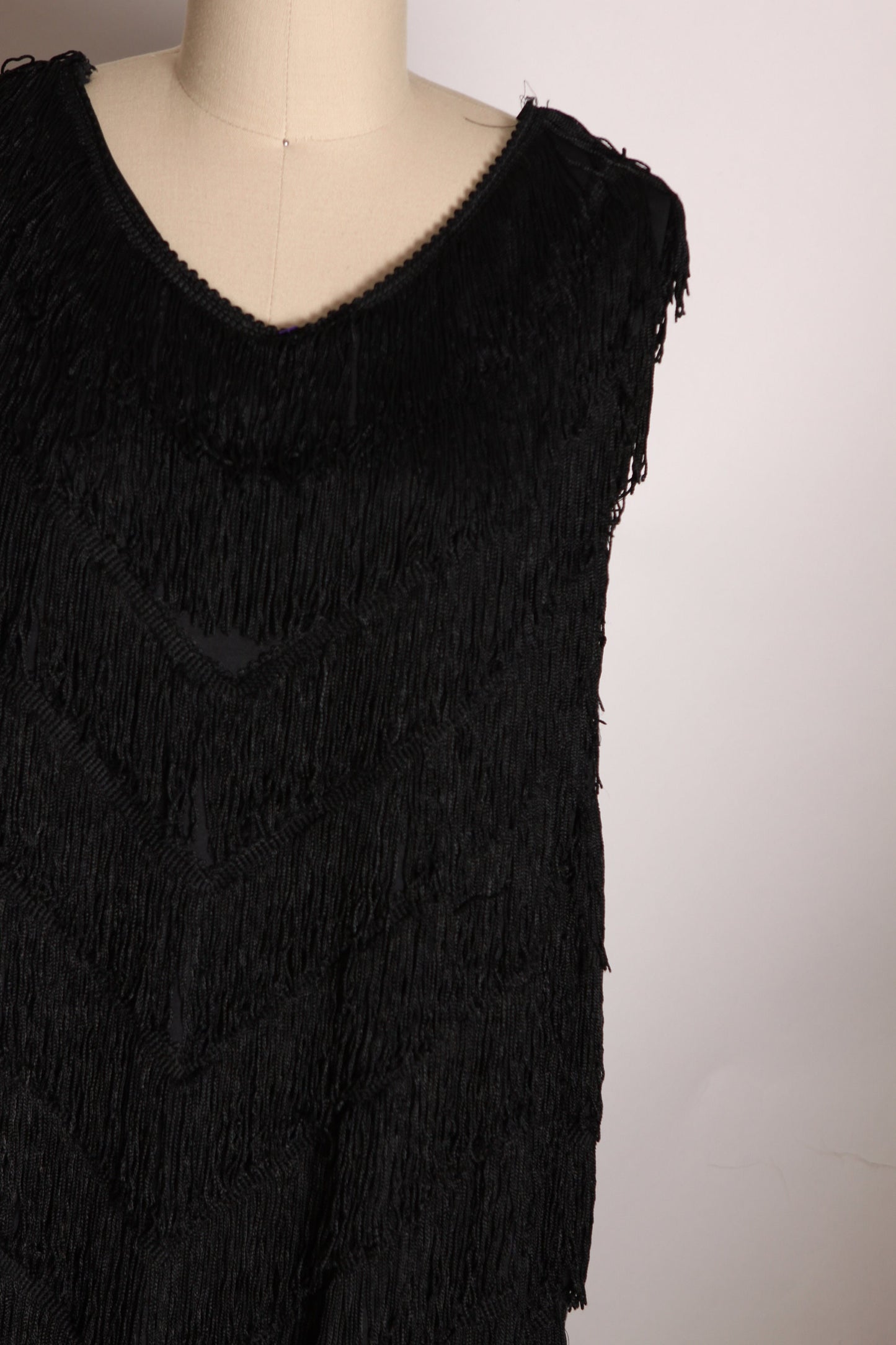 1980s Black Fringe Sleeve Shimmy and Shake Sheath Flapper Style Dress by Too-Chez -2XL