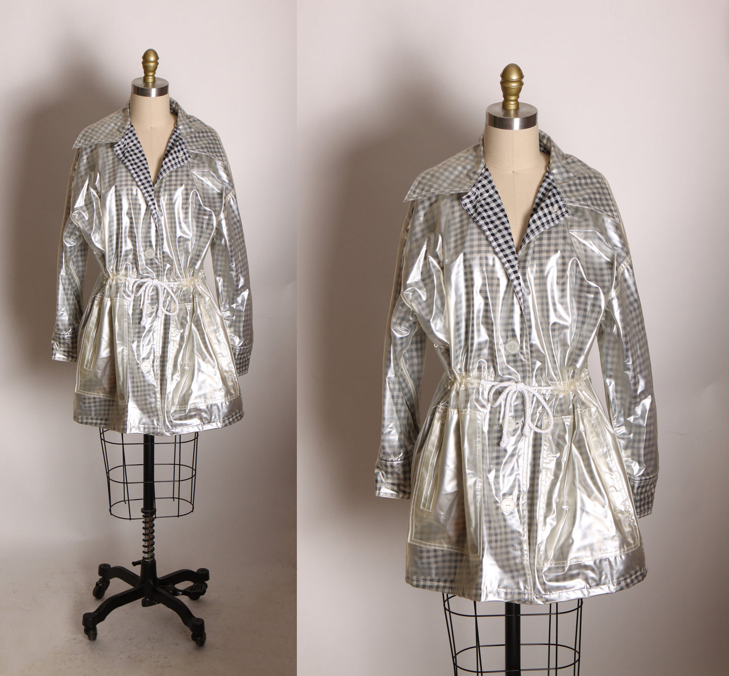 1980s-1990s Clear Vinyl Black and White Gingham Long Sleeve Cinch Waist Rain Coat by Totes -S