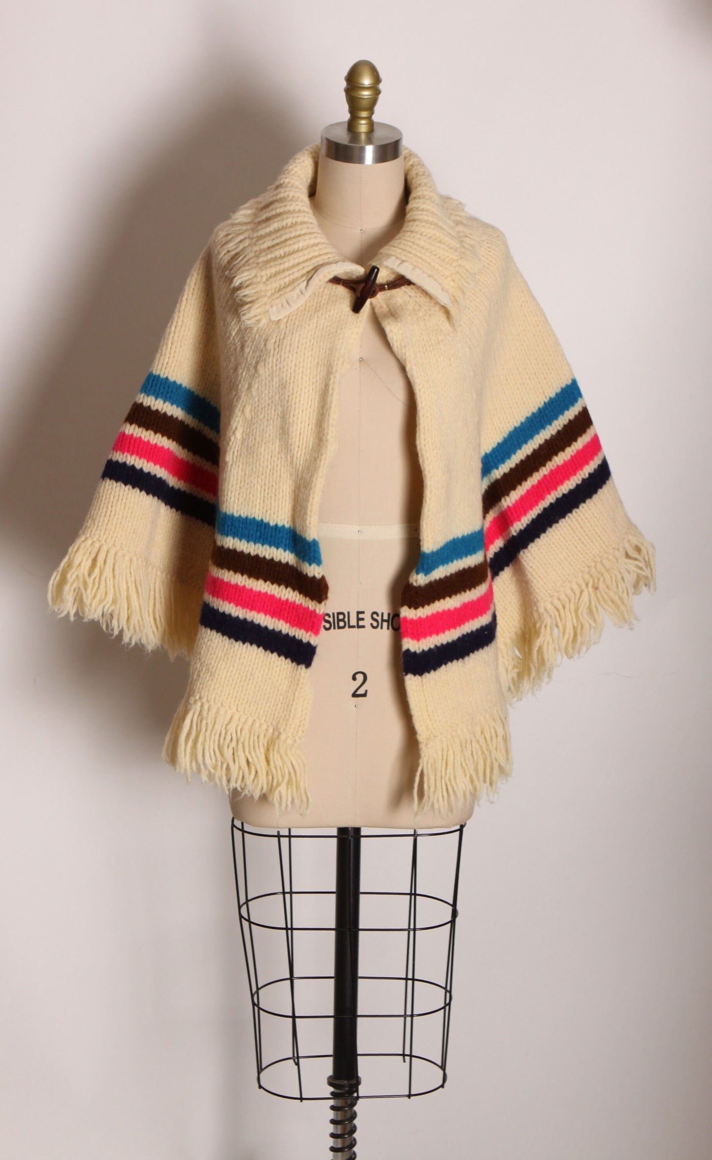 1970s Cream Off White, Pink, Blue, Brown and Black Striped Fringe Poncho
