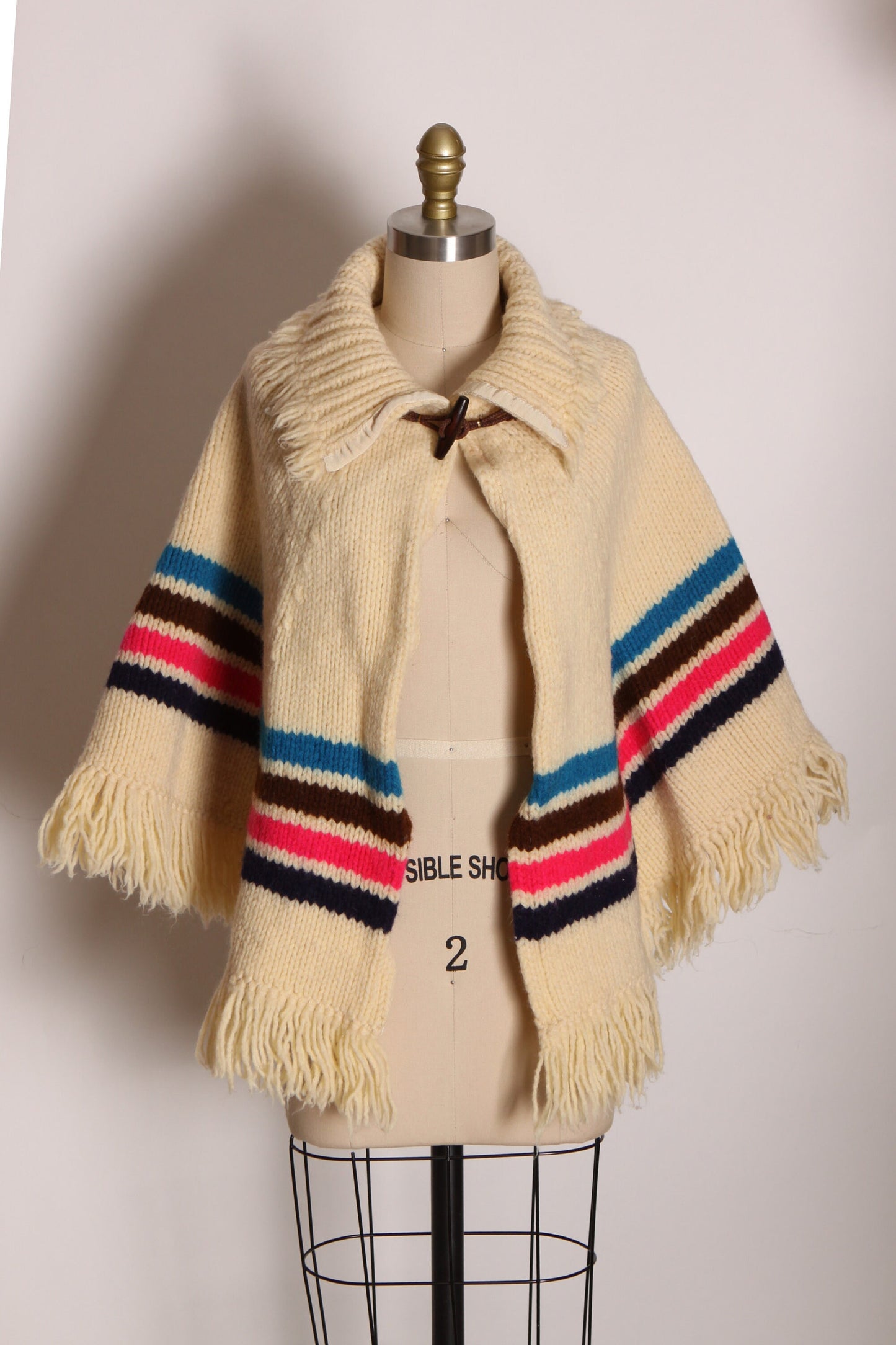 1970s Cream Off White, Pink, Blue, Brown and Black Striped Fringe Poncho