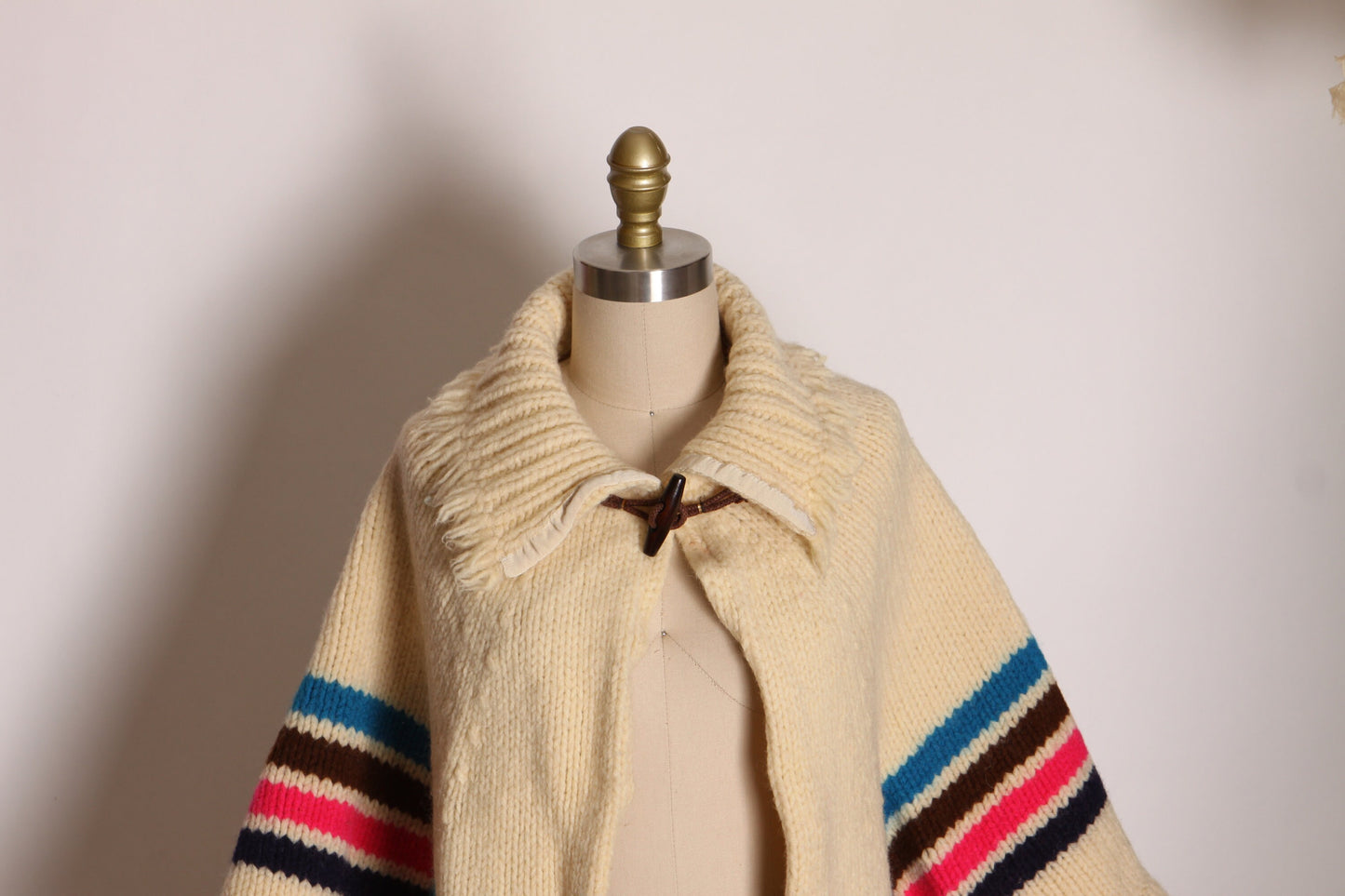 1970s Cream Off White, Pink, Blue, Brown and Black Striped Fringe Poncho