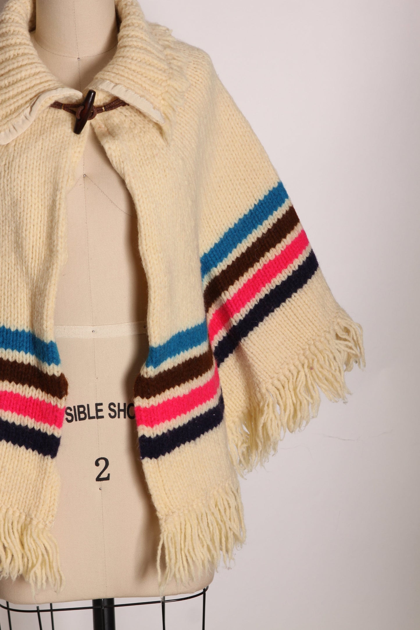 1970s Cream Off White, Pink, Blue, Brown and Black Striped Fringe Poncho