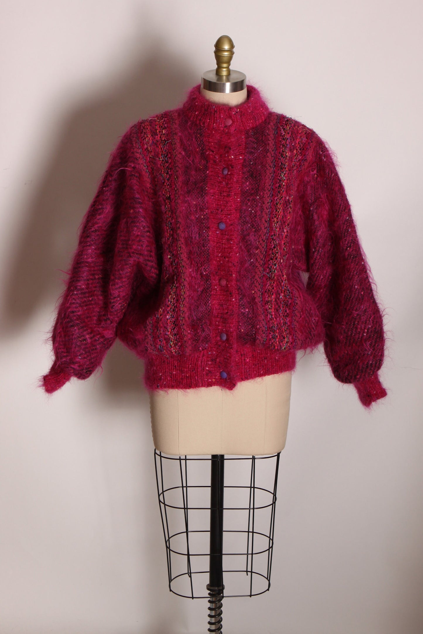 1980s Hot Pink Fuzzy Mohair Knit Funky Metal Snap Bomber Jacket by Jinx Senior -M