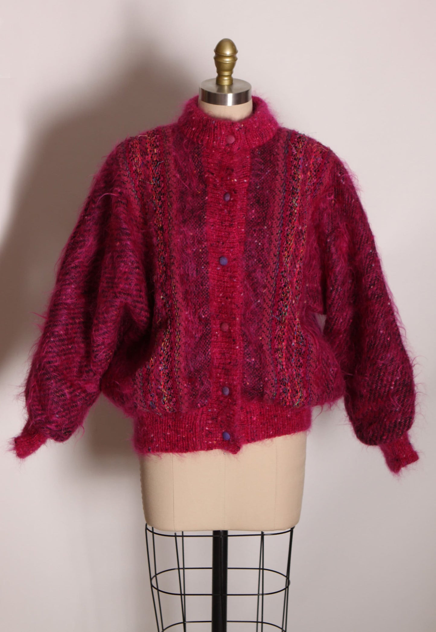 1980s Hot Pink Fuzzy Mohair Knit Funky Metal Snap Bomber Jacket by Jinx Senior -M