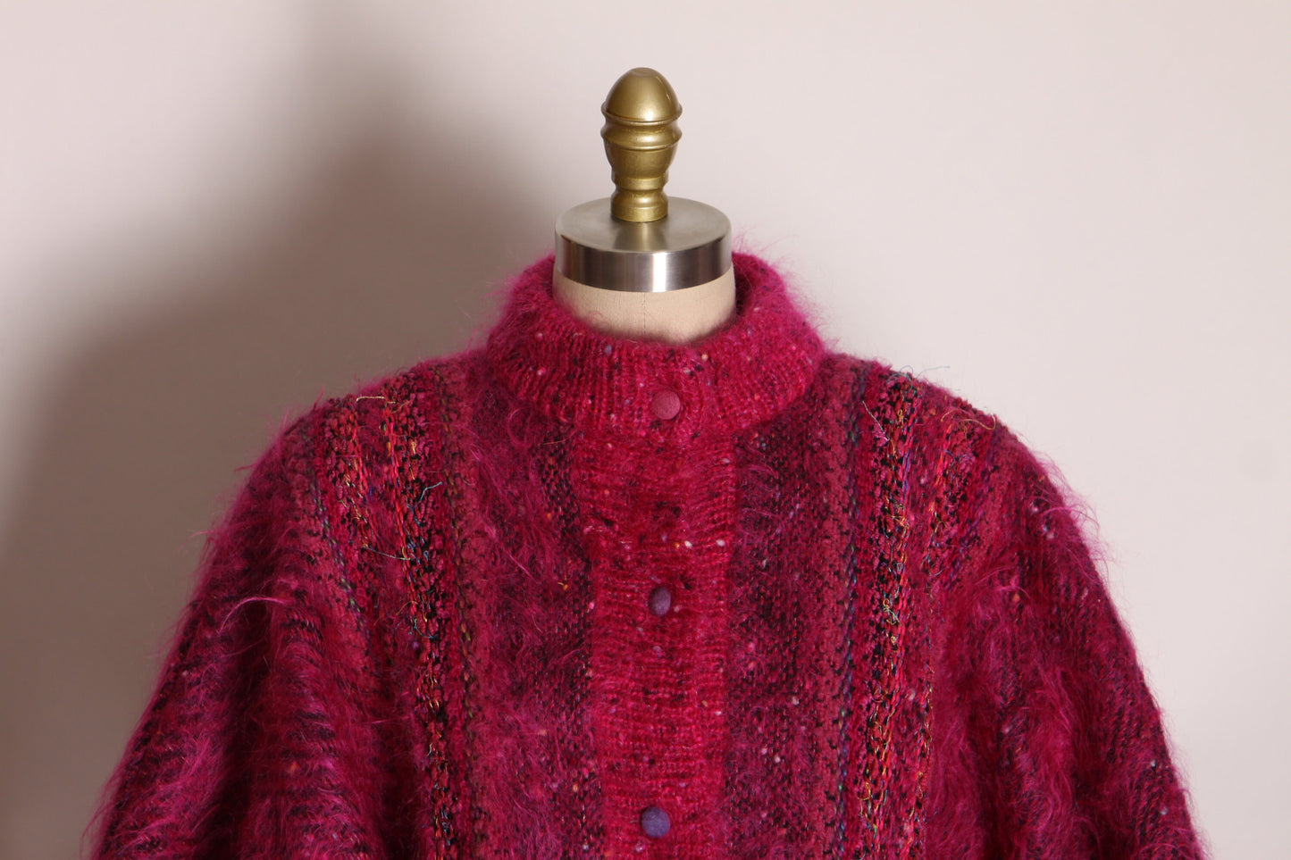 1980s Hot Pink Fuzzy Mohair Knit Funky Metal Snap Bomber Jacket by Jinx Senior -M