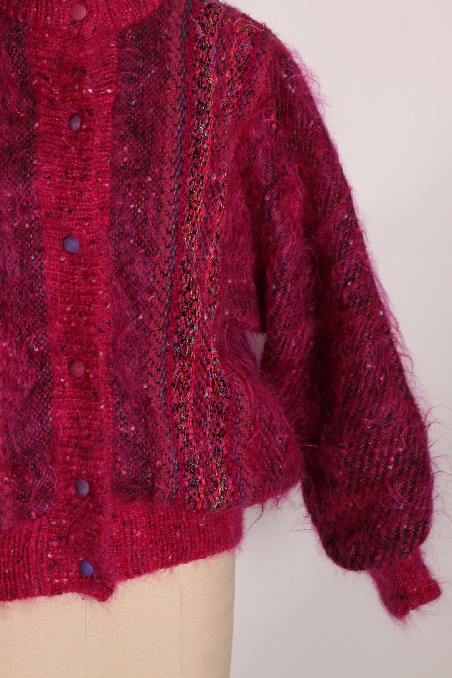 1980s Hot Pink Fuzzy Mohair Knit Funky Metal Snap Bomber Jacket by Jinx Senior -M