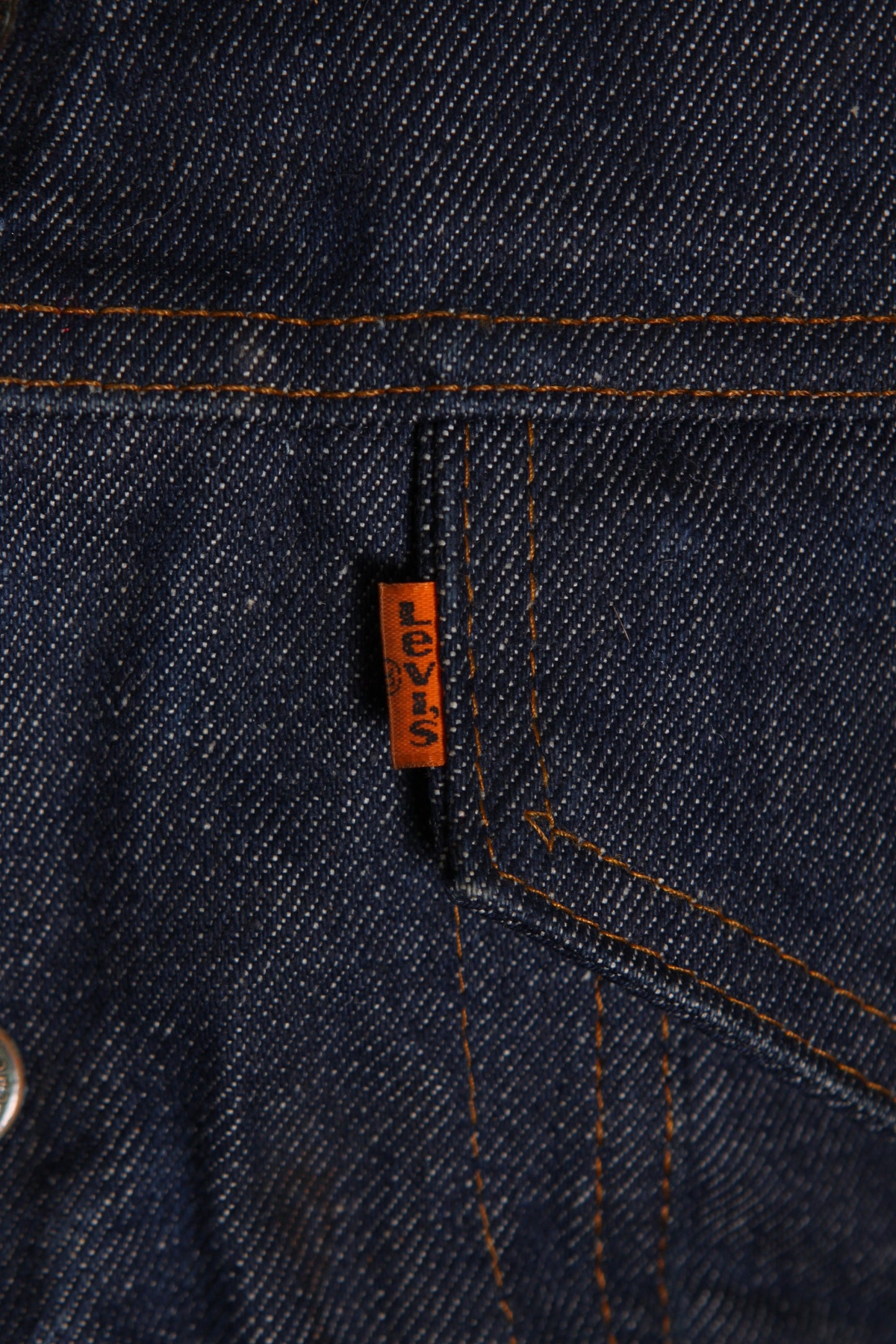1970s Blue Denim Long Sleeve Fuzzy Sherpa Lined Metal Snap Mens Orange Tab Jacket by Levi’s -M