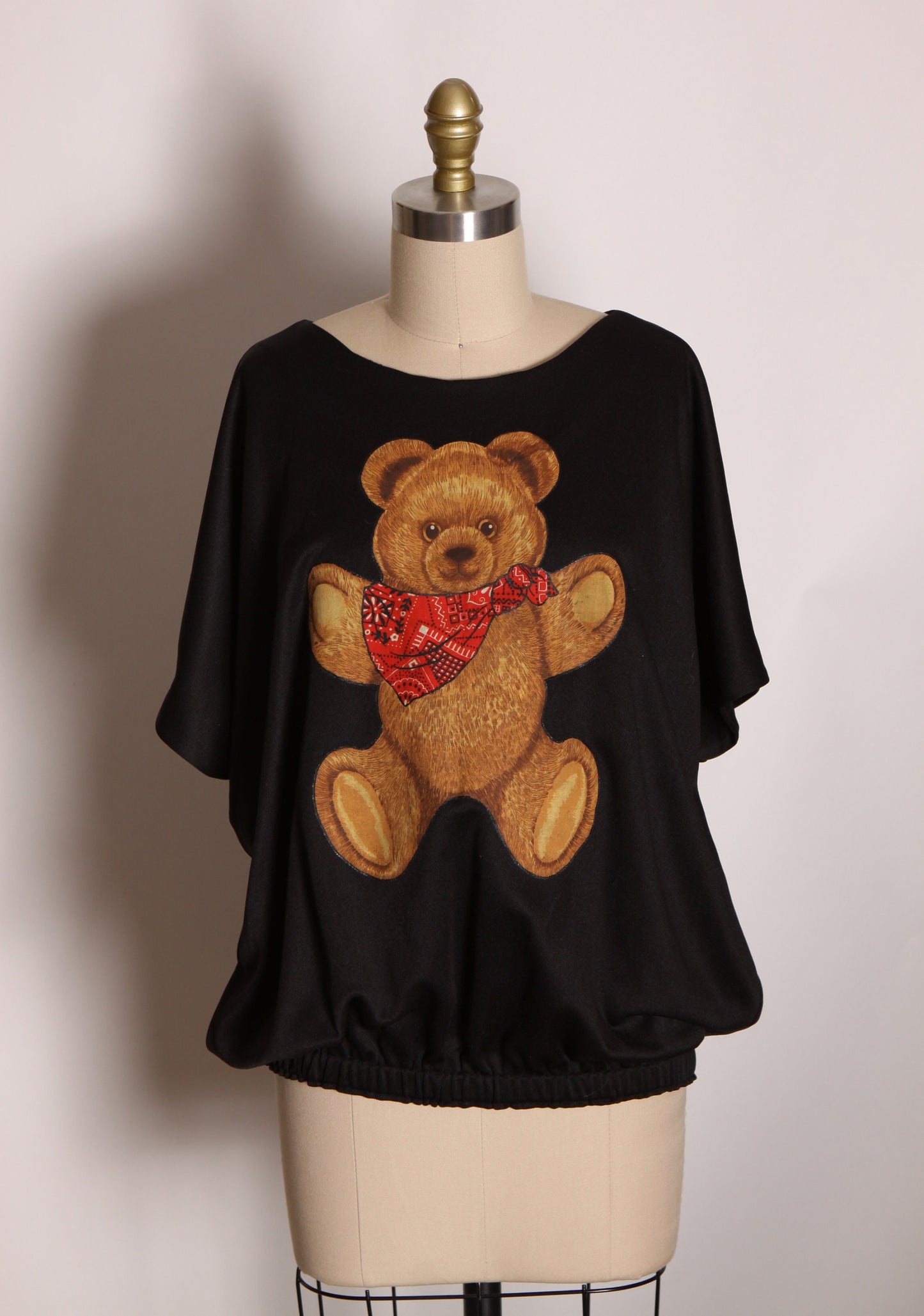 1970s Black, Brown and Red Short Sleeved Elastic Waist Draped Western Bandana Teddy Bear Blouse -1XL
