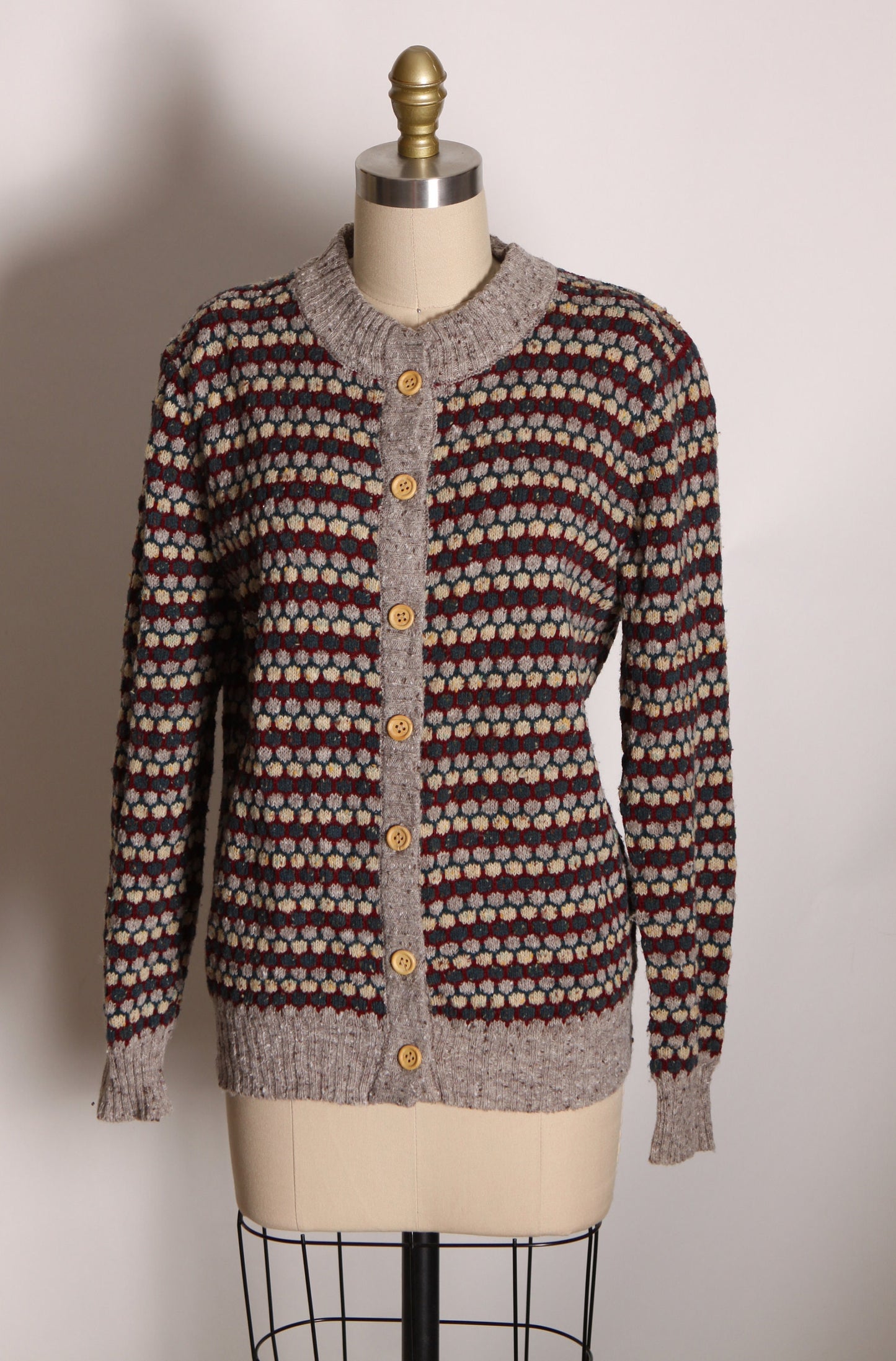 1970s Tan, Red and Blue Knit Long Sleeve Button Up Sweater Cardigan by Sweater Bee by Banff Ltd. -L
