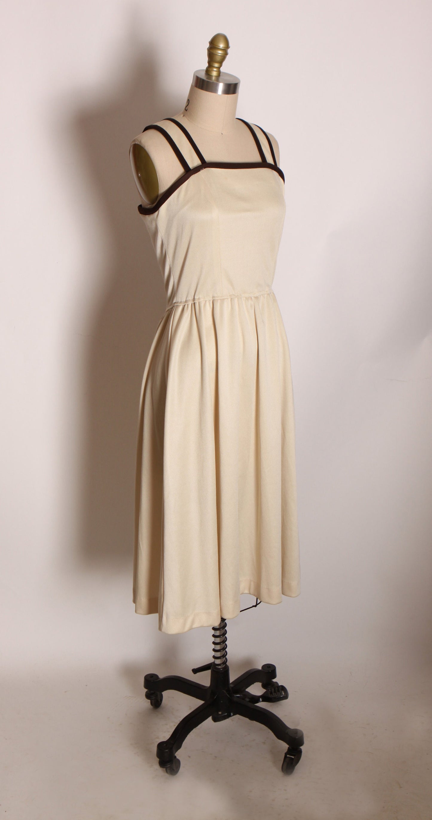1970s Cream and Brown Wide Strap Fit and Flare Dress with Matching Tie Wrap Jacket Outfit -S