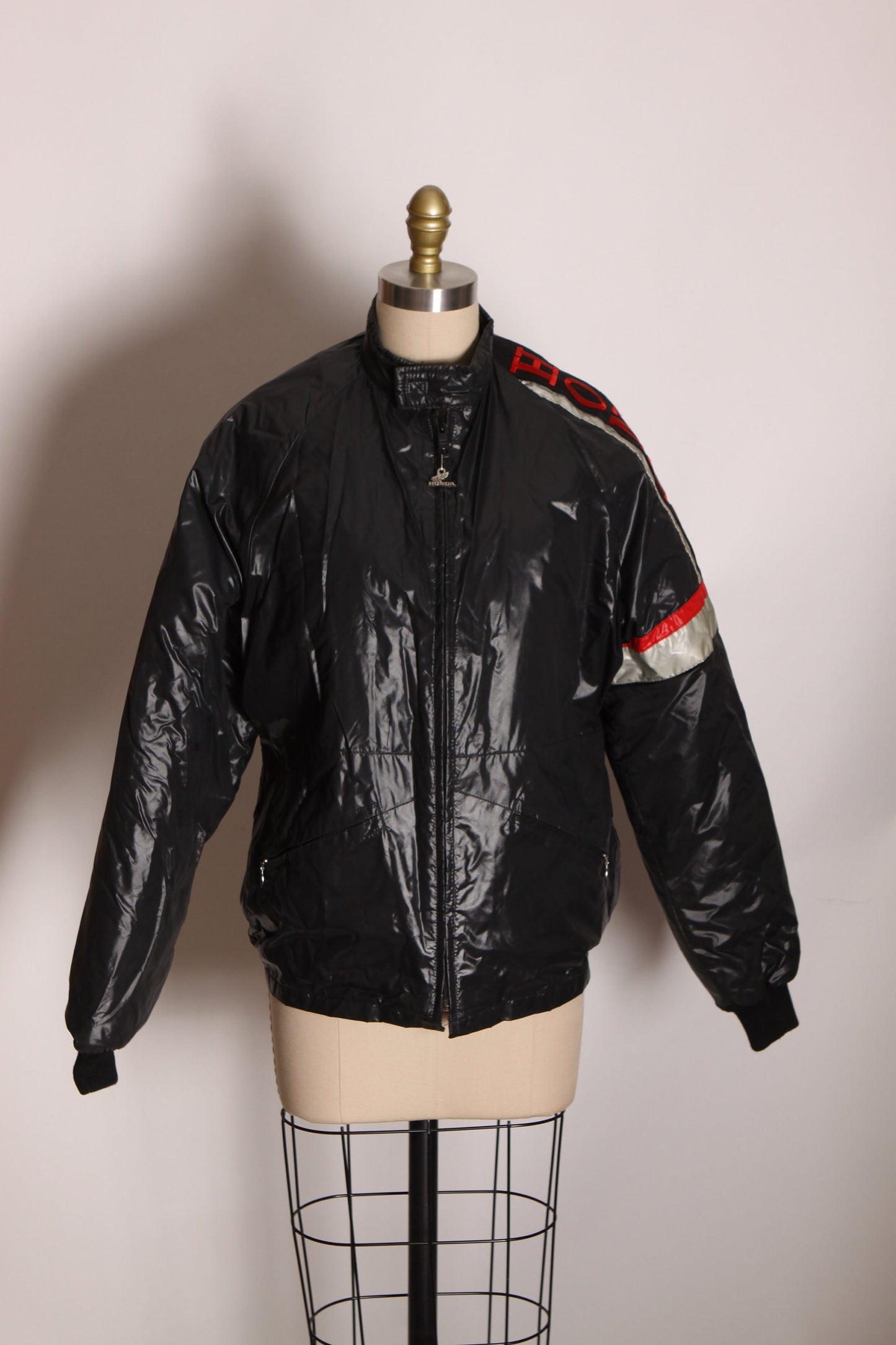 1970s 1980s Black Long Sleeve Zip Up Honda Motorcycle Jacket by Hondaline -M