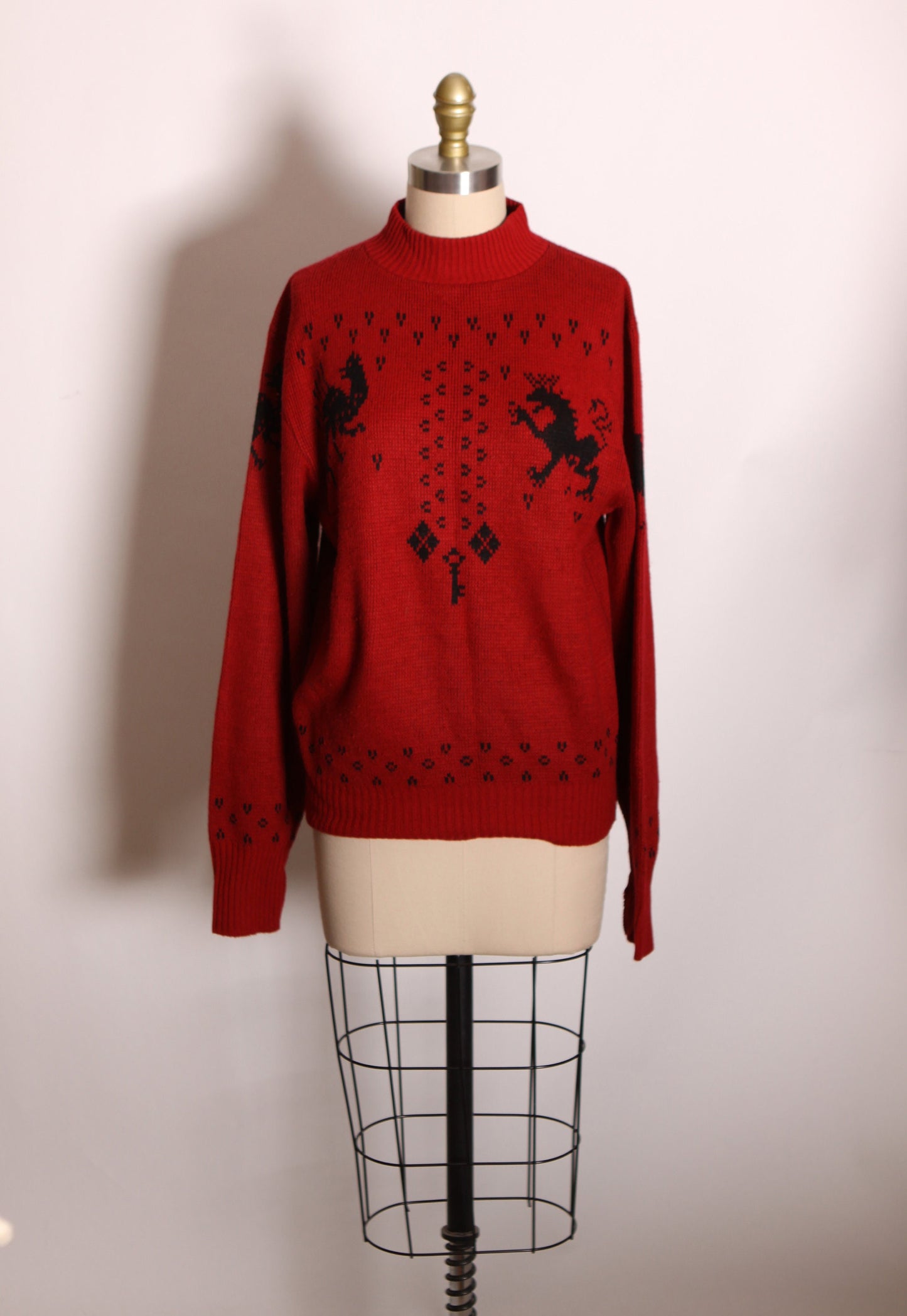 1960s Dark Red and Black Novelty Mythical Phoenix and Griffith Long Sleeve Knit Pullover Sweater by Puritan -L