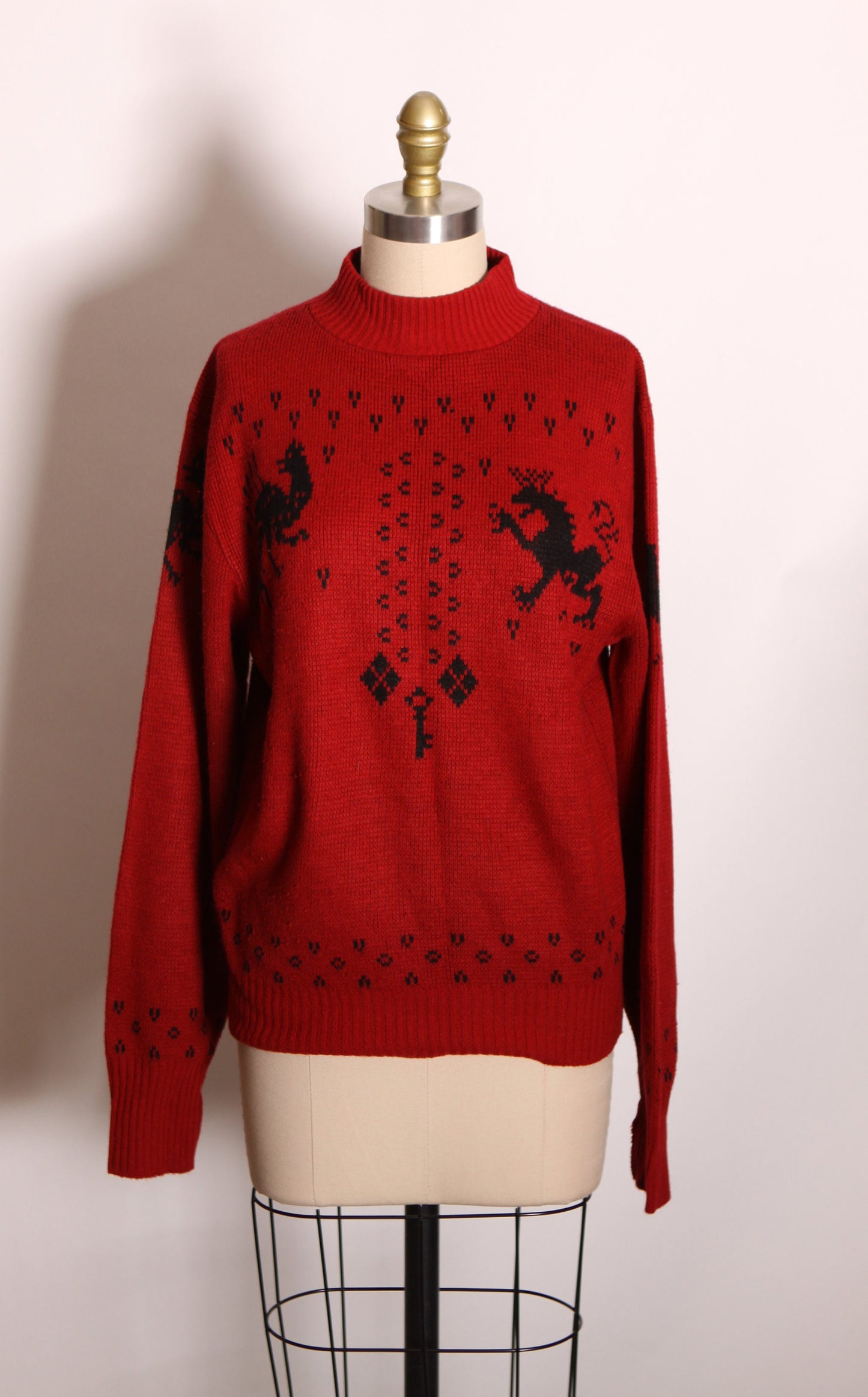 1960s Dark Red and Black Novelty Mythical Phoenix and Griffith Long Sleeve Knit Pullover Sweater by Puritan -L