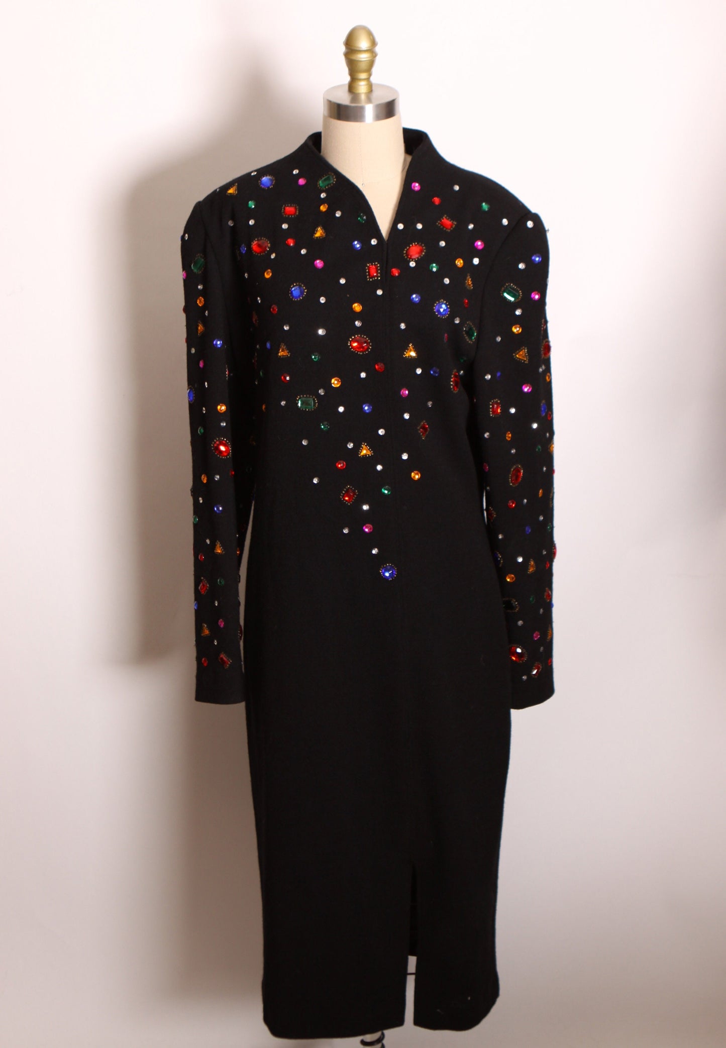 1980s Multi-Colored Rainbow Gemstone Bedazzled Black Knit Long Sleeve Christmas Dress by Pia Rucci -L