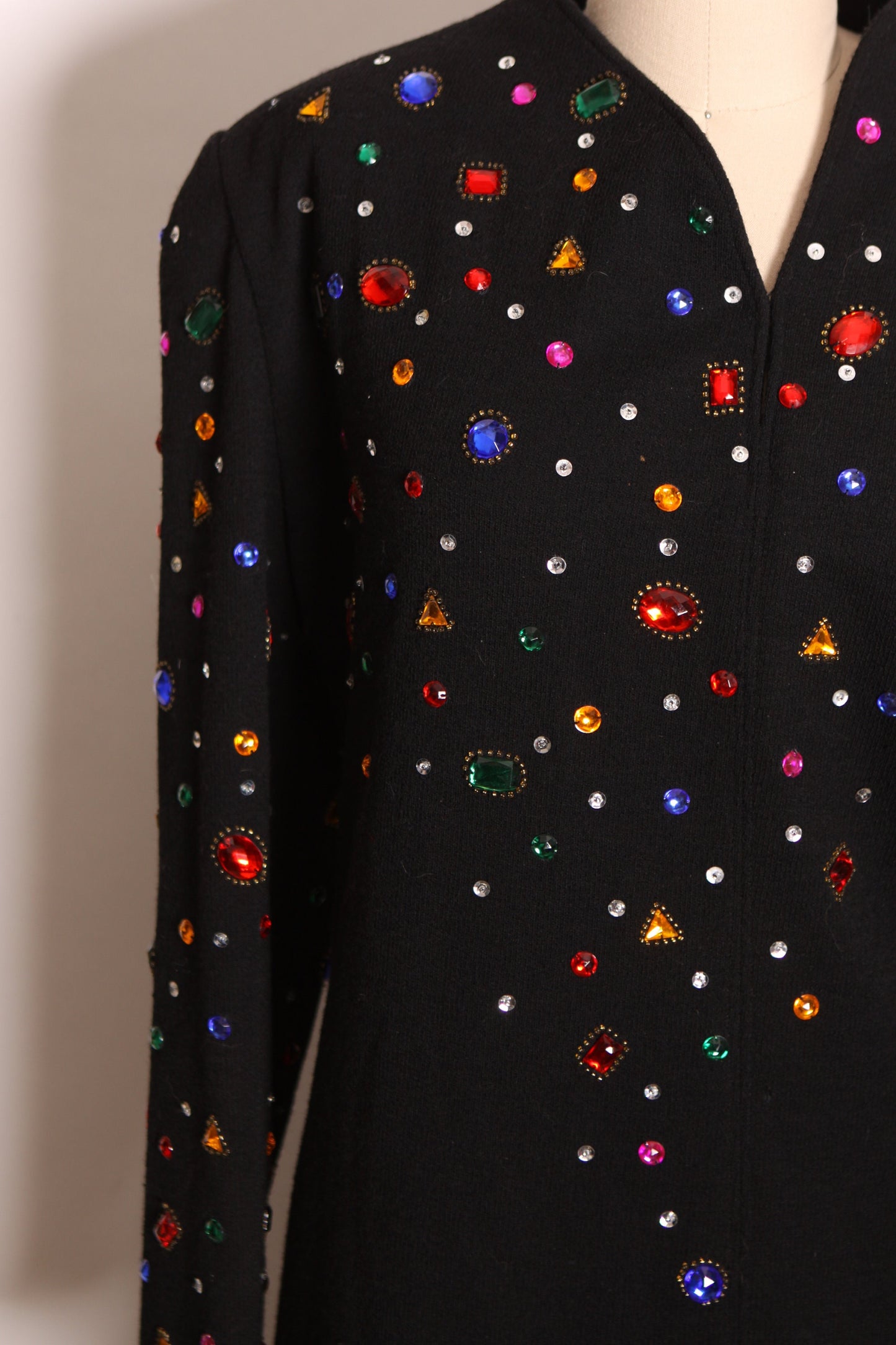 1980s Multi-Colored Rainbow Gemstone Bedazzled Black Knit Long Sleeve Christmas Dress by Pia Rucci -L