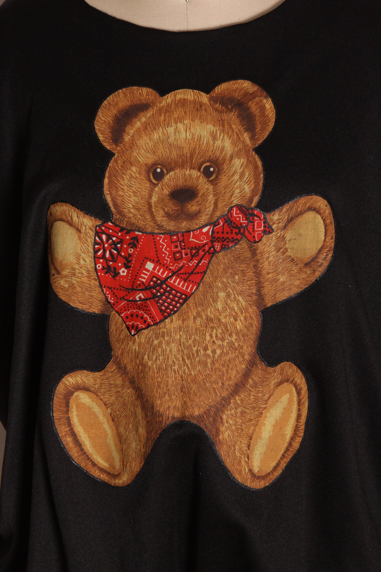 1970s Black, Brown and Red Short Sleeved Elastic Waist Draped Western Bandana Teddy Bear Blouse -1XL