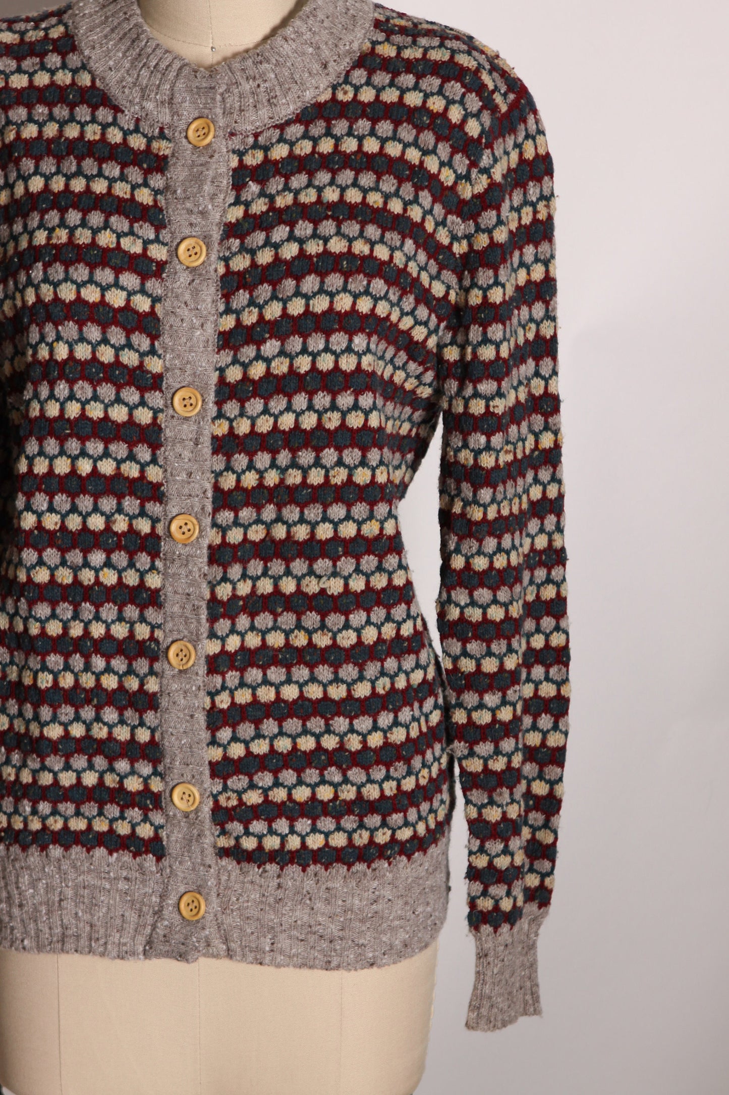 1970s Tan, Red and Blue Knit Long Sleeve Button Up Sweater Cardigan by Sweater Bee by Banff Ltd. -L